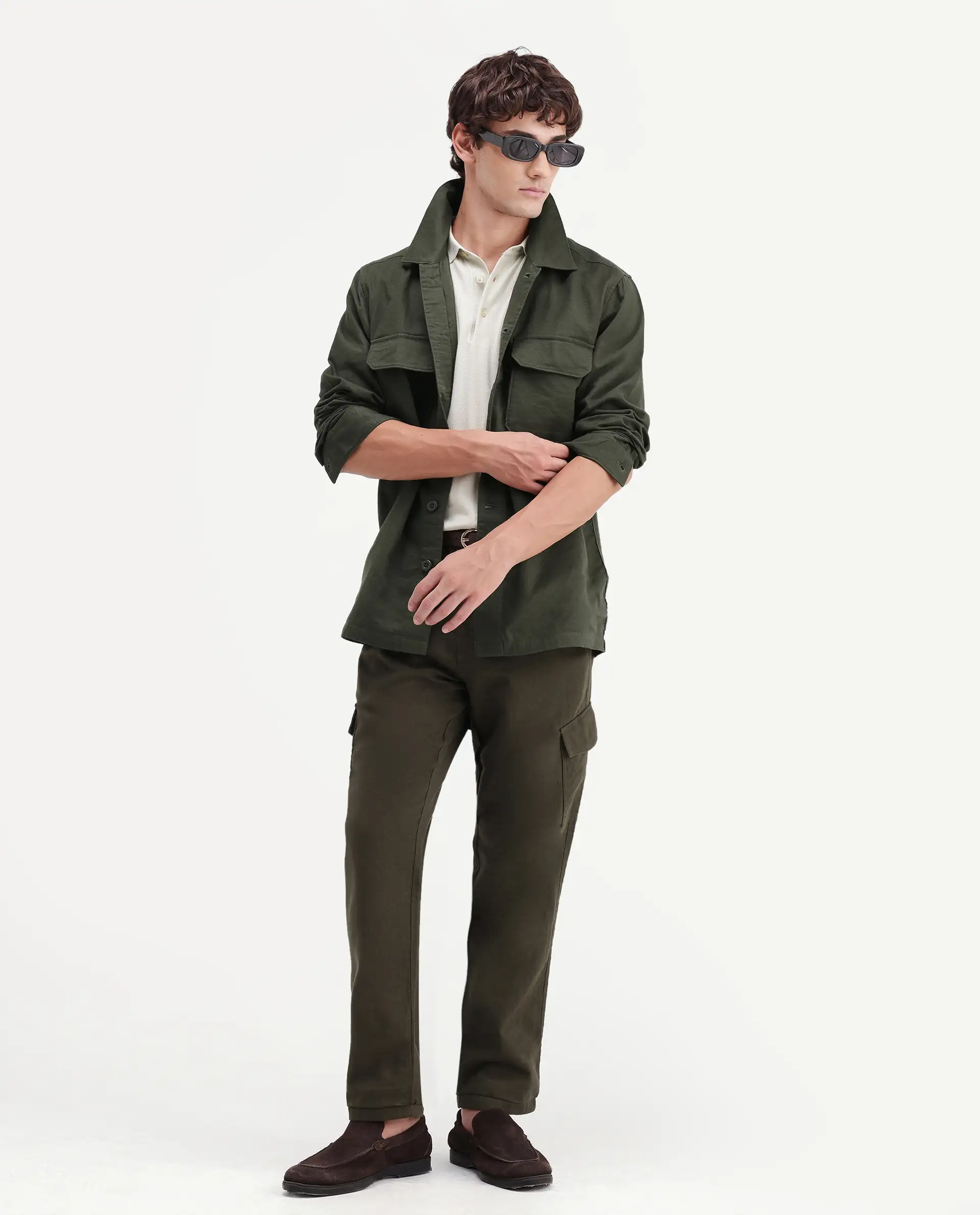 Rare Rabbit Men's Prest-Aw26 Olive Cotton Spread Collar Button Relaxed Plain Shacket - Image 7