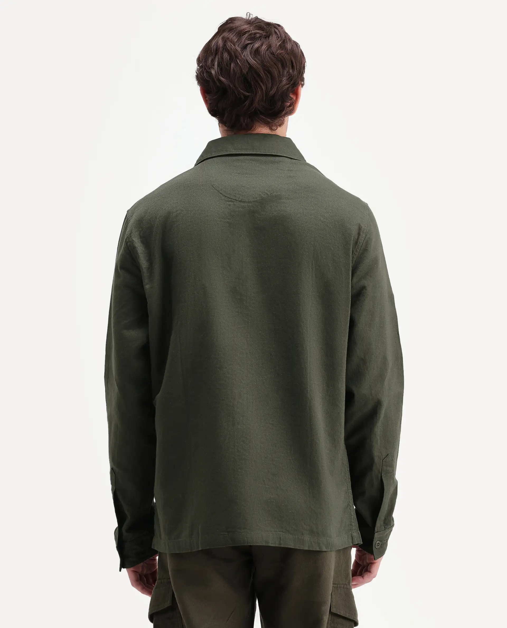 Rare Rabbit Men's Prest-Aw26 Olive Cotton Spread Collar Button Relaxed Plain Shacket - Image 8