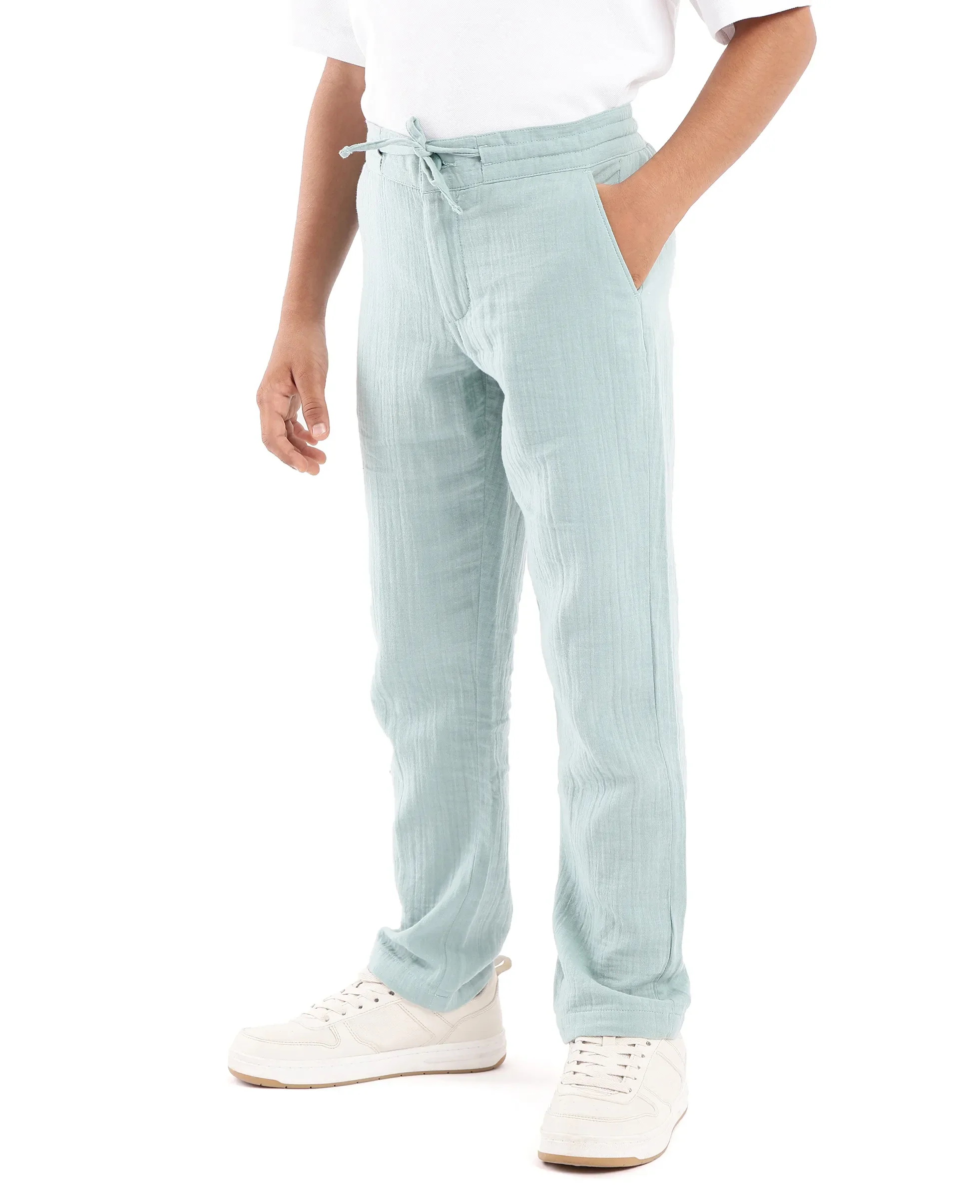 Rare Ones Kids Prest Turq Cotton Regular Fit Drawstring Closure Solid Trouser - Image 4
