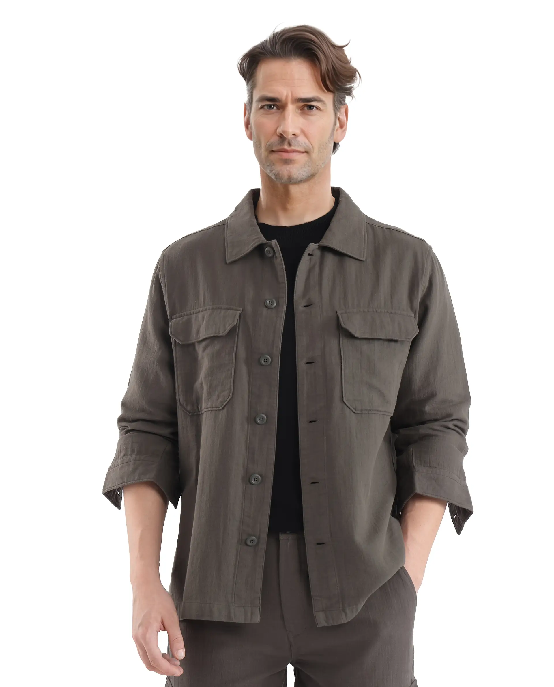 Rare Rabbit Men's Prest Dusky Green Cotton Plain Regular Fit Full Sleeve Collared Shirt