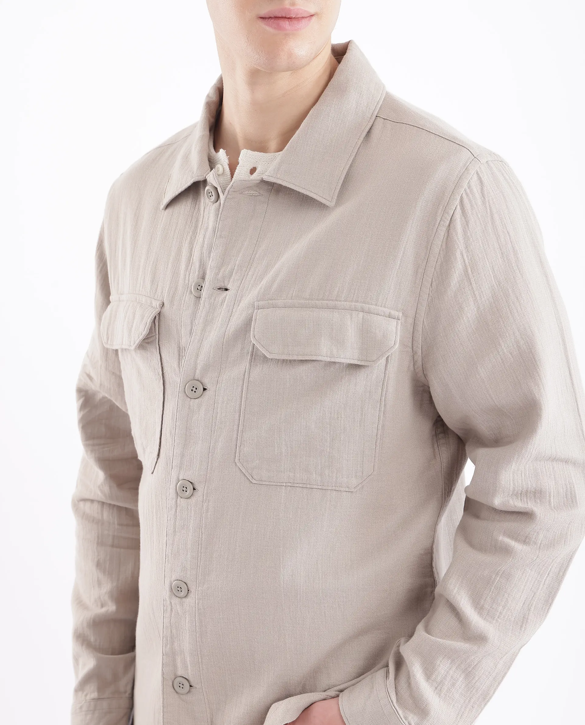 Rare Rabbit Men's Prest Light Beige Cotton Plain Regular Fit Full Sleeve Collared Shirt - Image 3