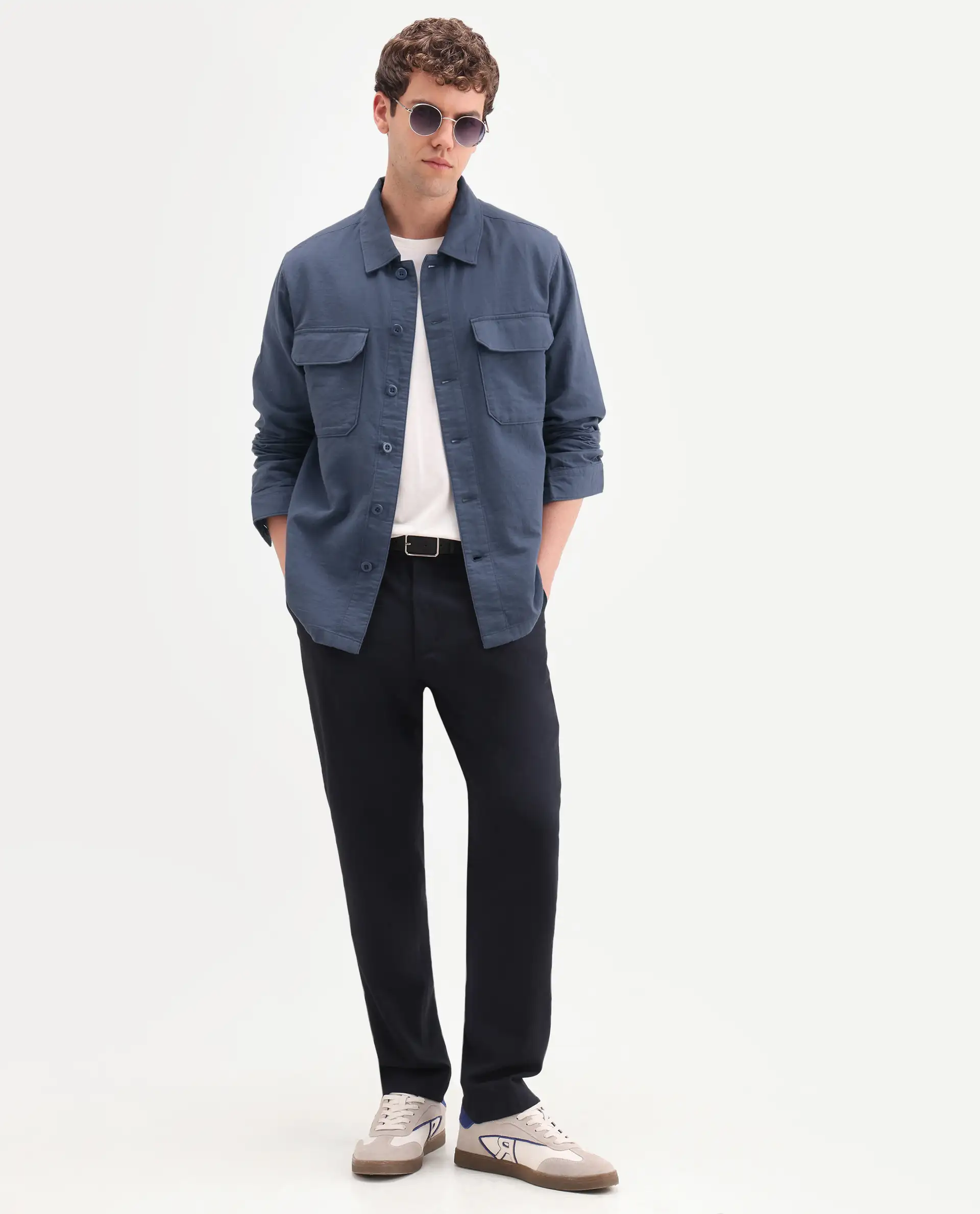 Rare Rabbit Men's Prest-Ss26 Blue Cotton Fabric Full Sleeve Spread Collar Button Regular Plain Shacket - Image 2