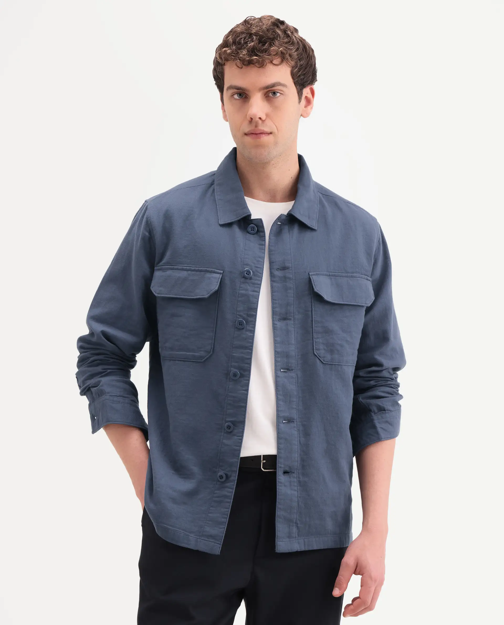 Rare Rabbit Men's Prest-Ss26 Blue Cotton Fabric Full Sleeve Spread Collar Button Regular Plain Shacket - Image 4