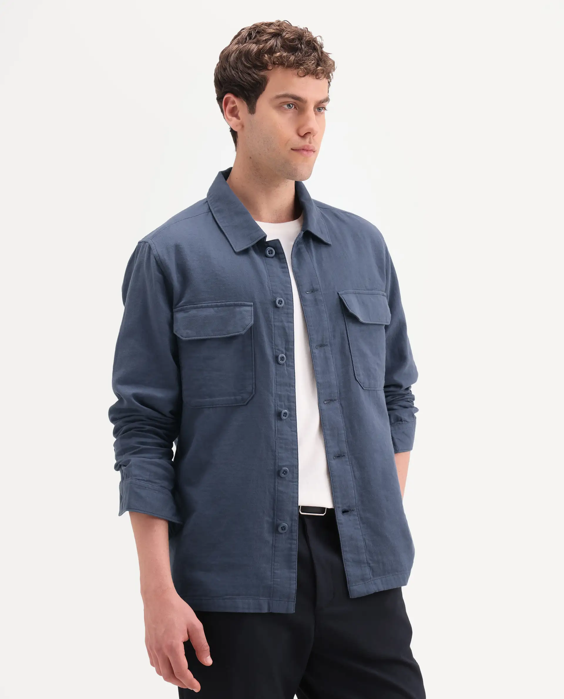 Rare Rabbit Men's Prest-Ss26 Blue Cotton Fabric Full Sleeve Spread Collar Button Regular Plain Shacket - Image 5