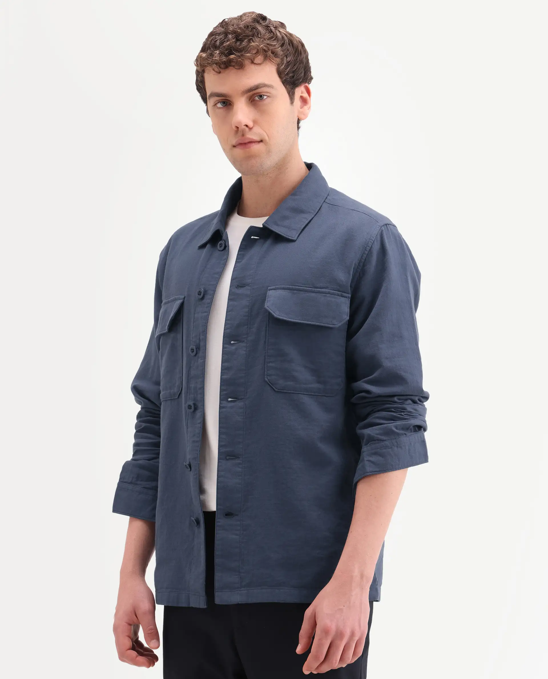 Rare Rabbit Men's Prest-Ss26 Blue Cotton Fabric Full Sleeve Spread Collar Button Regular Plain Shacket - Image 6