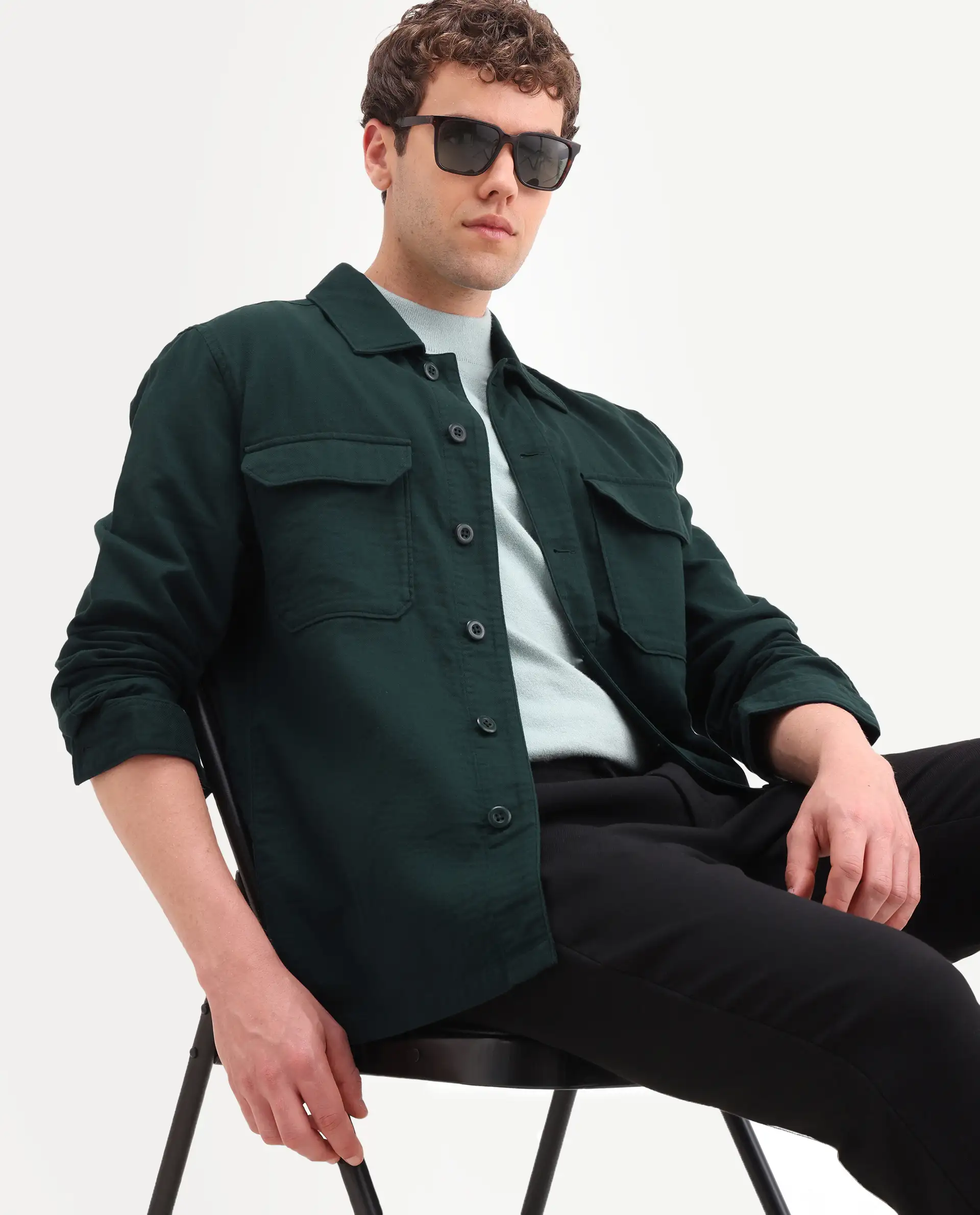 Rare Rabbit Men's Prest-Ss26 Dark Green Cotton Fabric Full Sleeve Spread Collar Button Regular Plain Shacket