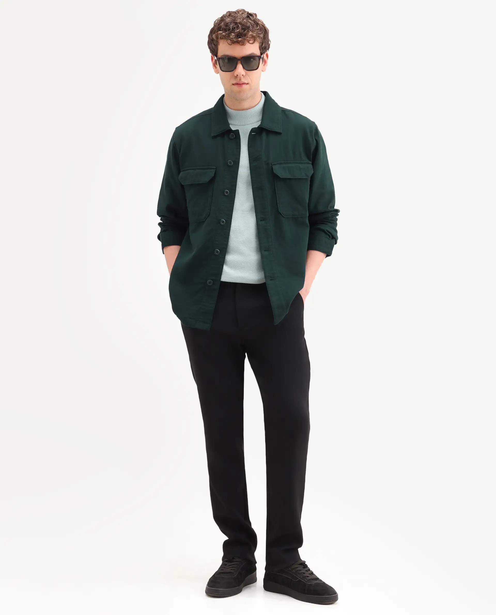 Rare Rabbit Men's Prest-Ss26 Dark Green Cotton Fabric Full Sleeve Spread Collar Button Regular Plain Shacket - Image 2