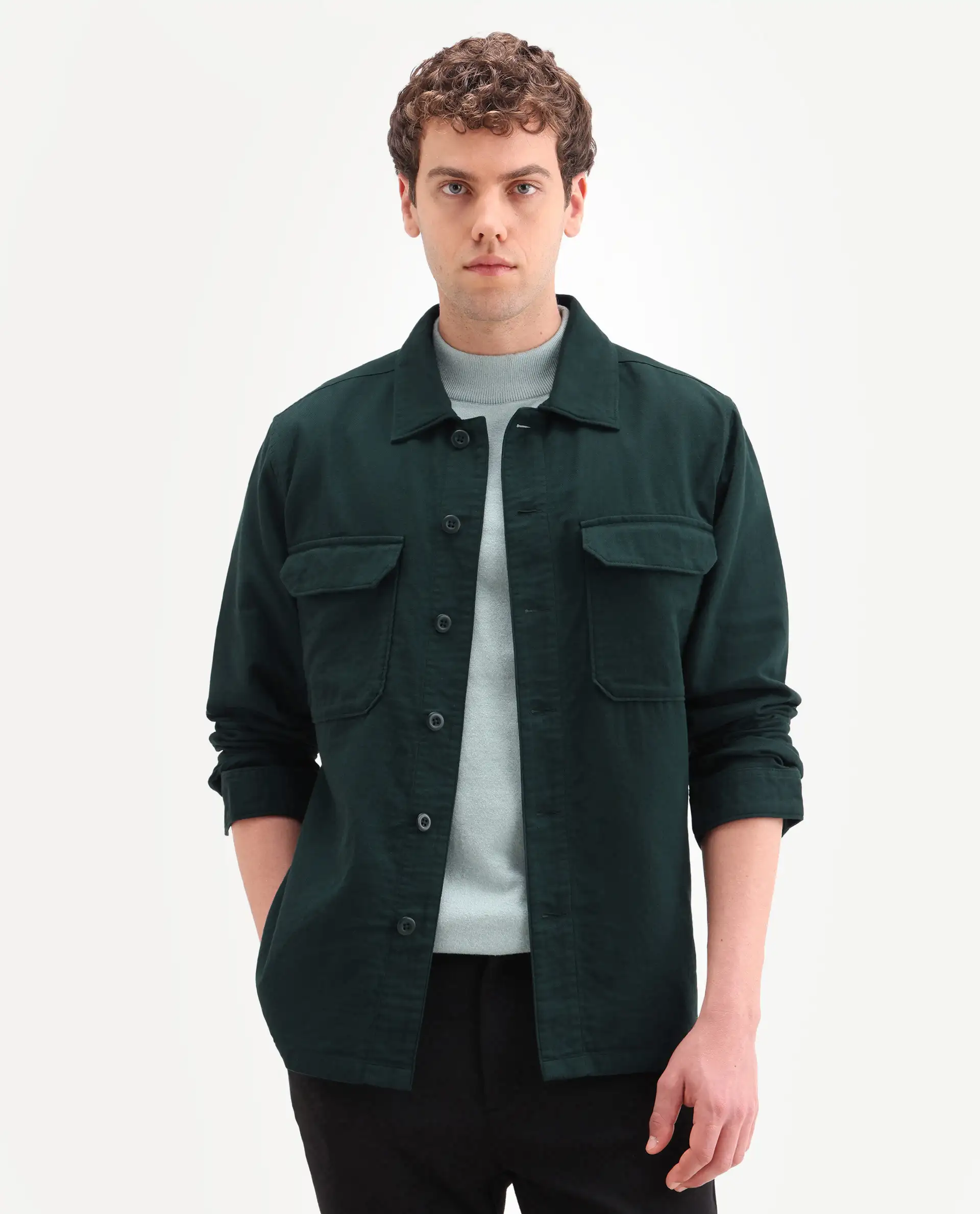 Rare Rabbit Men's Prest-Ss26 Dark Green Cotton Fabric Full Sleeve Spread Collar Button Regular Plain Shacket - Image 4