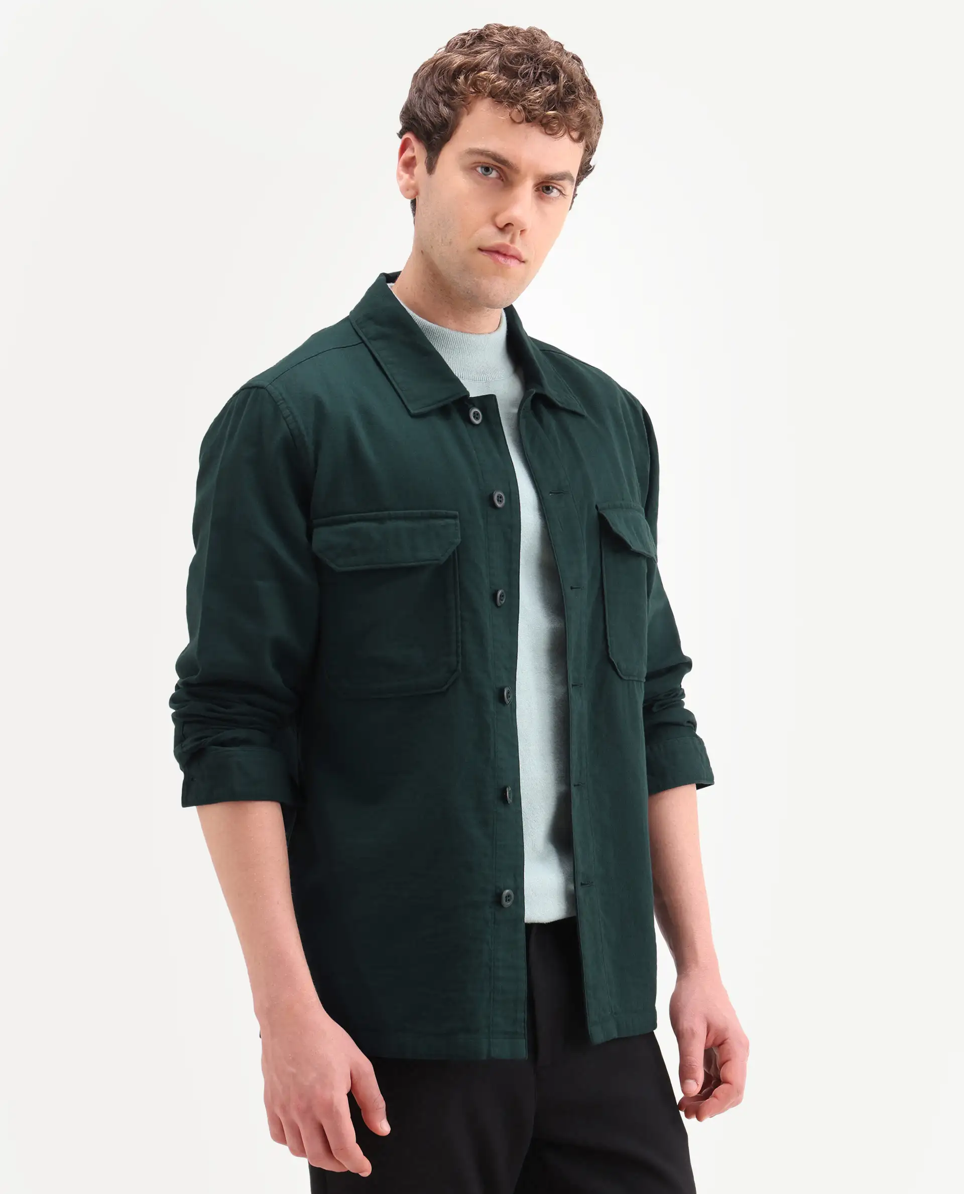 Rare Rabbit Men's Prest-Ss26 Dark Green Cotton Fabric Full Sleeve Spread Collar Button Regular Plain Shacket - Image 5