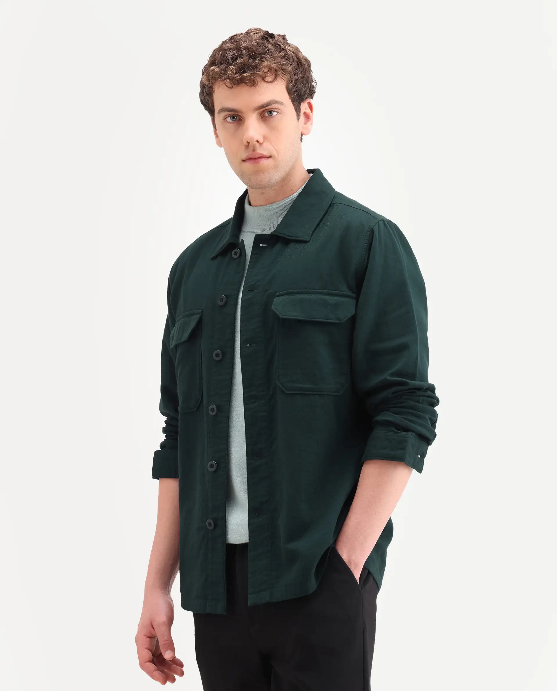 Rare Rabbit Men's Prest-Ss26 Dark Green Cotton Fabric Full Sleeve Spread Collar Button Regular Plain Shacket - Image 6