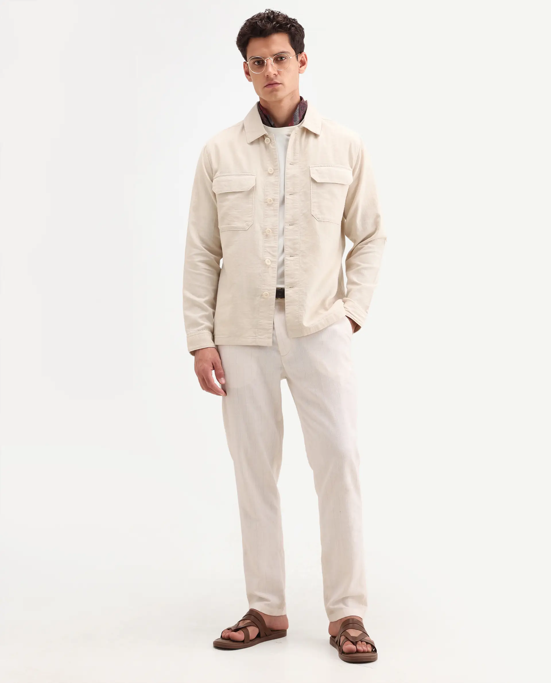 Rare Rabbit Men's Prest-Ss26 Light Beige Cotton Fabric Full Sleeve Spread Collar Button Regular Plain Shacket - Image 2