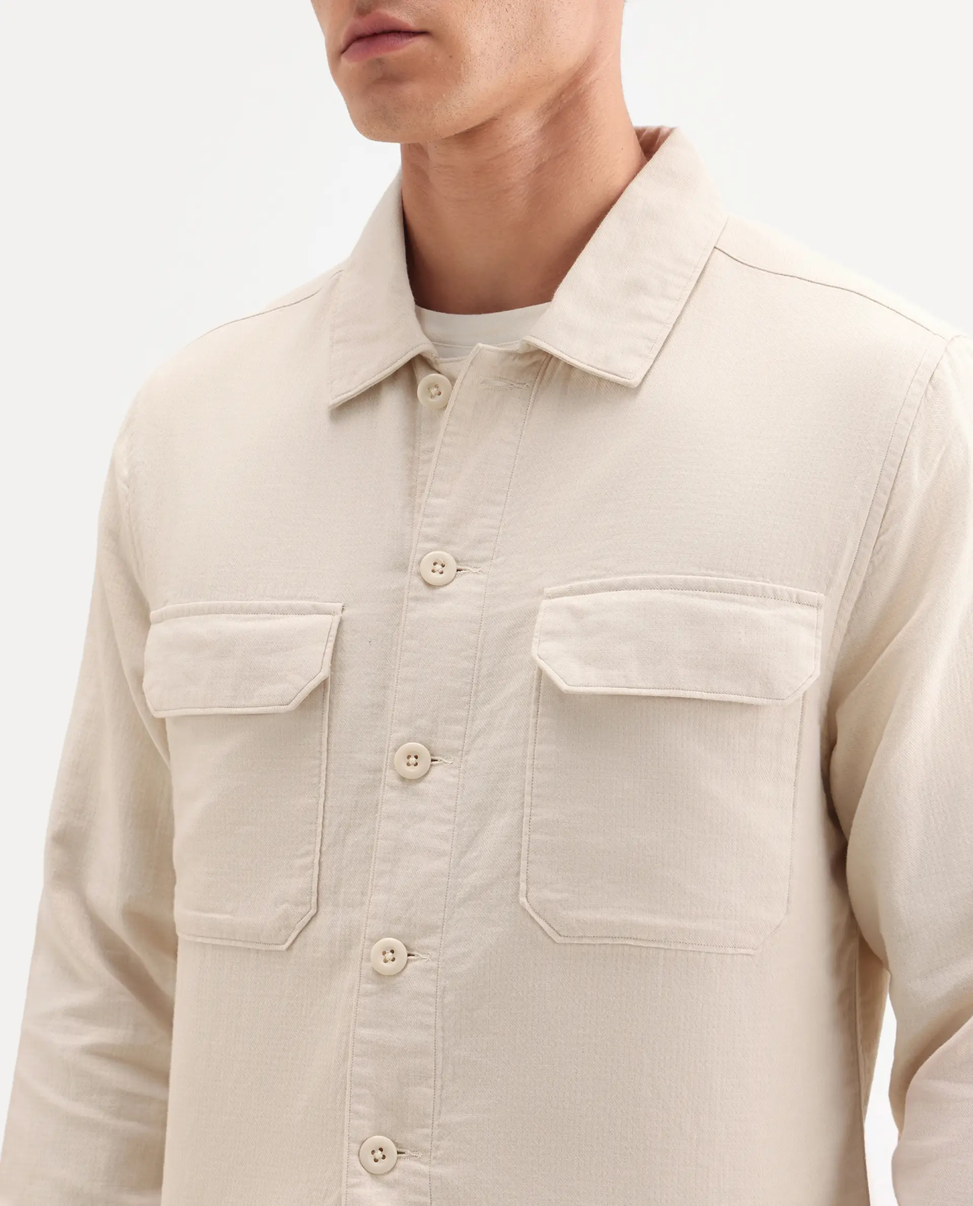 Rare Rabbit Men's Prest-Ss26 Light Beige Cotton Fabric Full Sleeve Spread Collar Button Regular Plain Shacket - Image 3