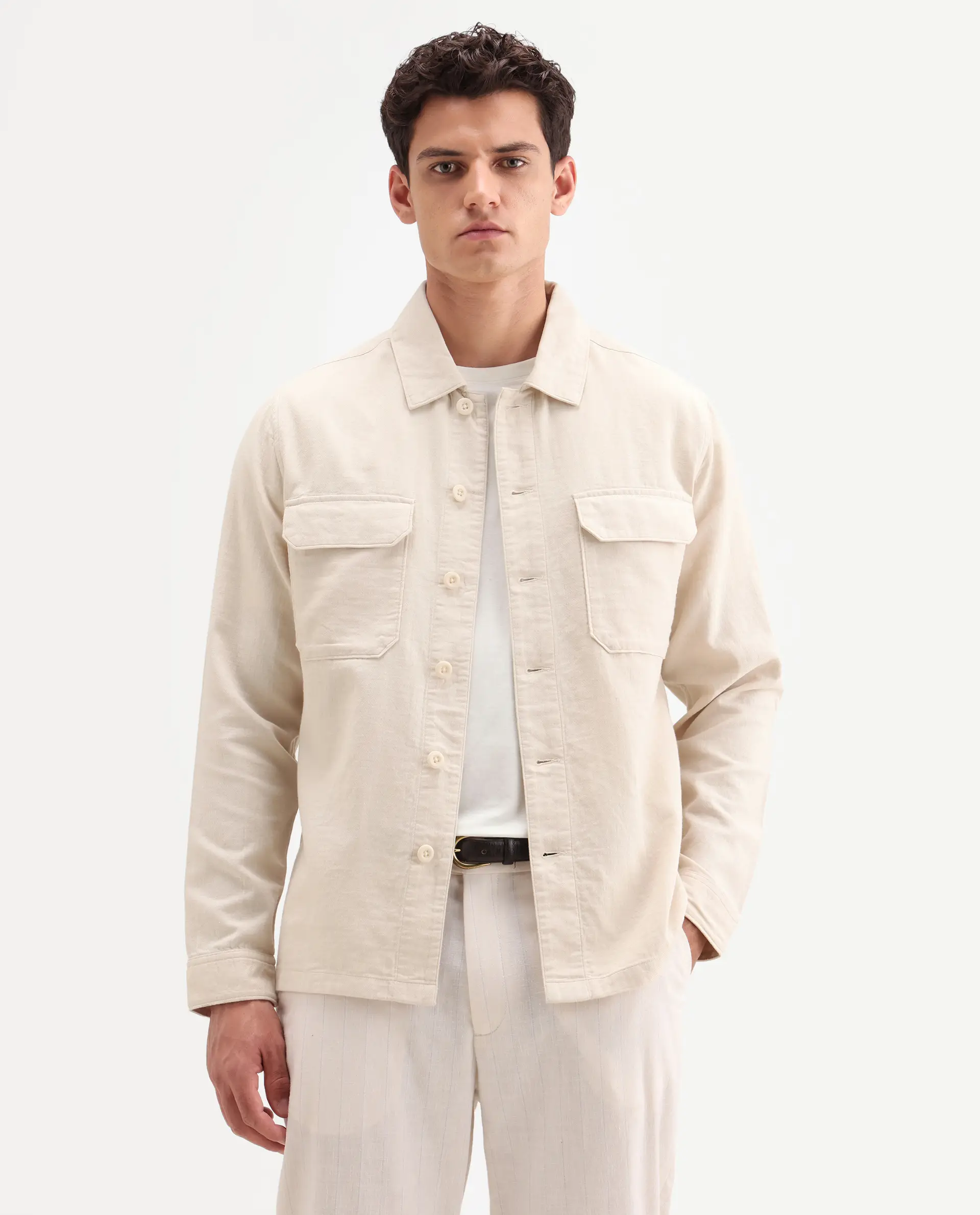 Rare Rabbit Men's Prest-Ss26 Light Beige Cotton Fabric Full Sleeve Spread Collar Button Regular Plain Shacket - Image 4