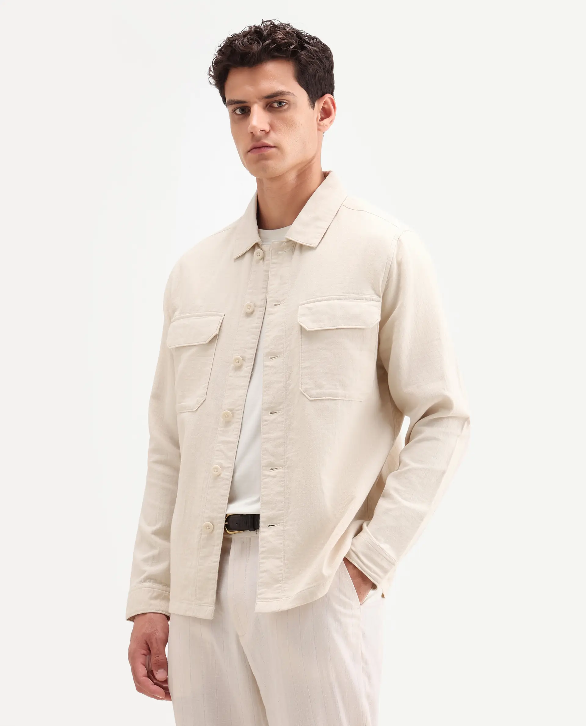 Rare Rabbit Men's Prest-Ss26 Light Beige Cotton Fabric Full Sleeve Spread Collar Button Regular Plain Shacket - Image 5