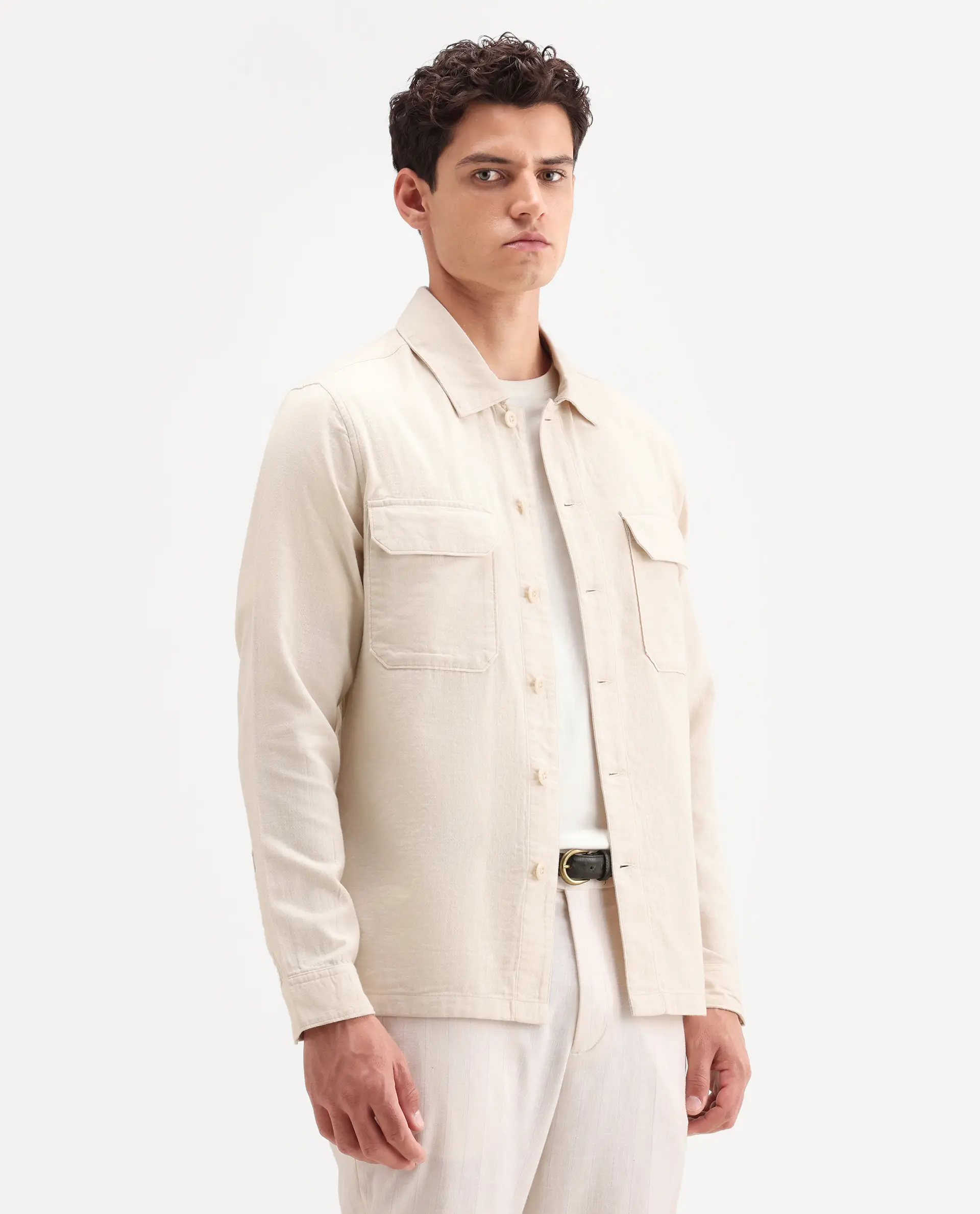 Rare Rabbit Men's Prest-Ss26 Light Beige Cotton Fabric Full Sleeve Spread Collar Button Regular Plain Shacket - Image 6
