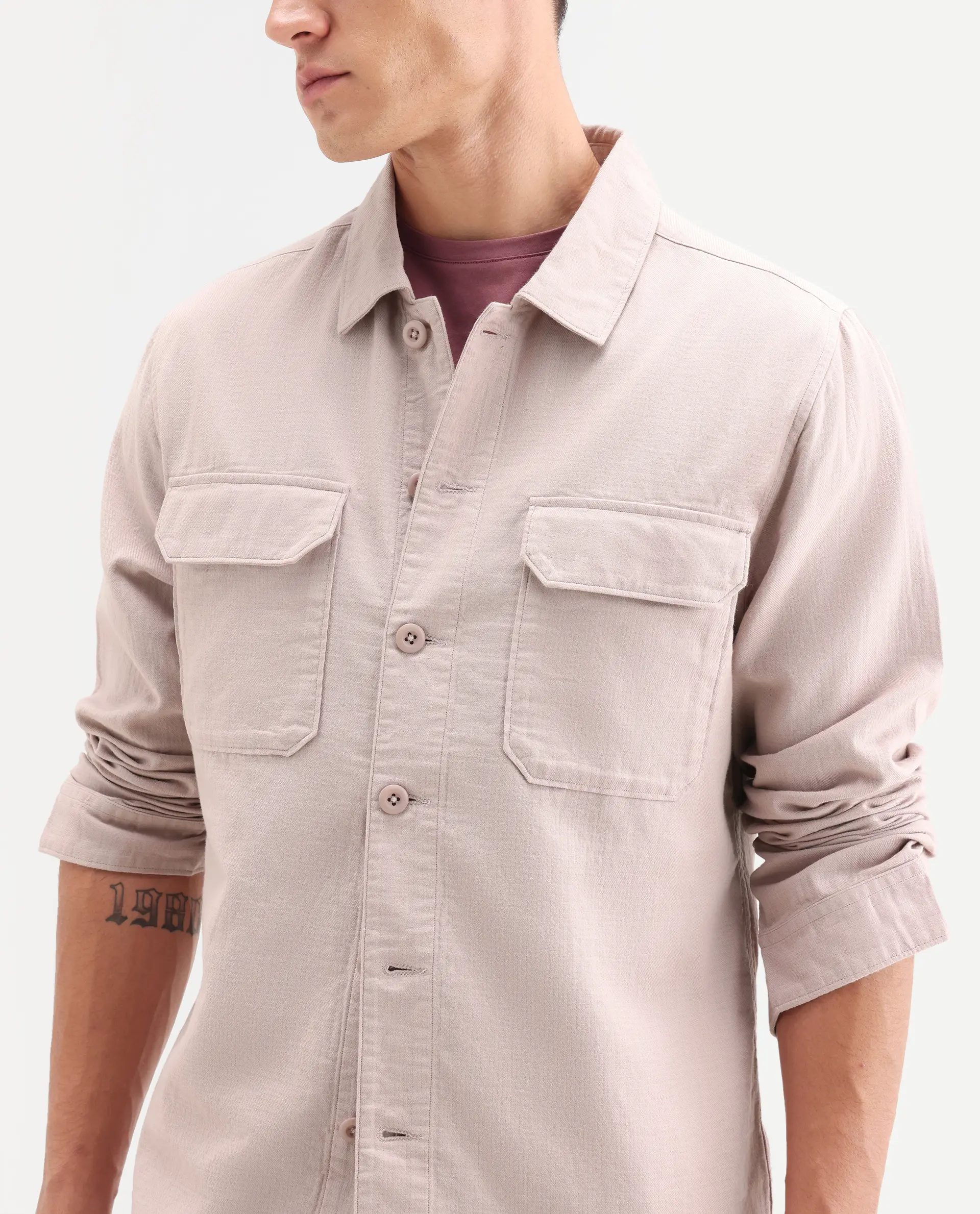 Rare Rabbit Men's Prest-Ss26 Pastel Pink Cotton Fabric Full Sleeve Spread Collar Button Regular Plain Shacket - Image 3