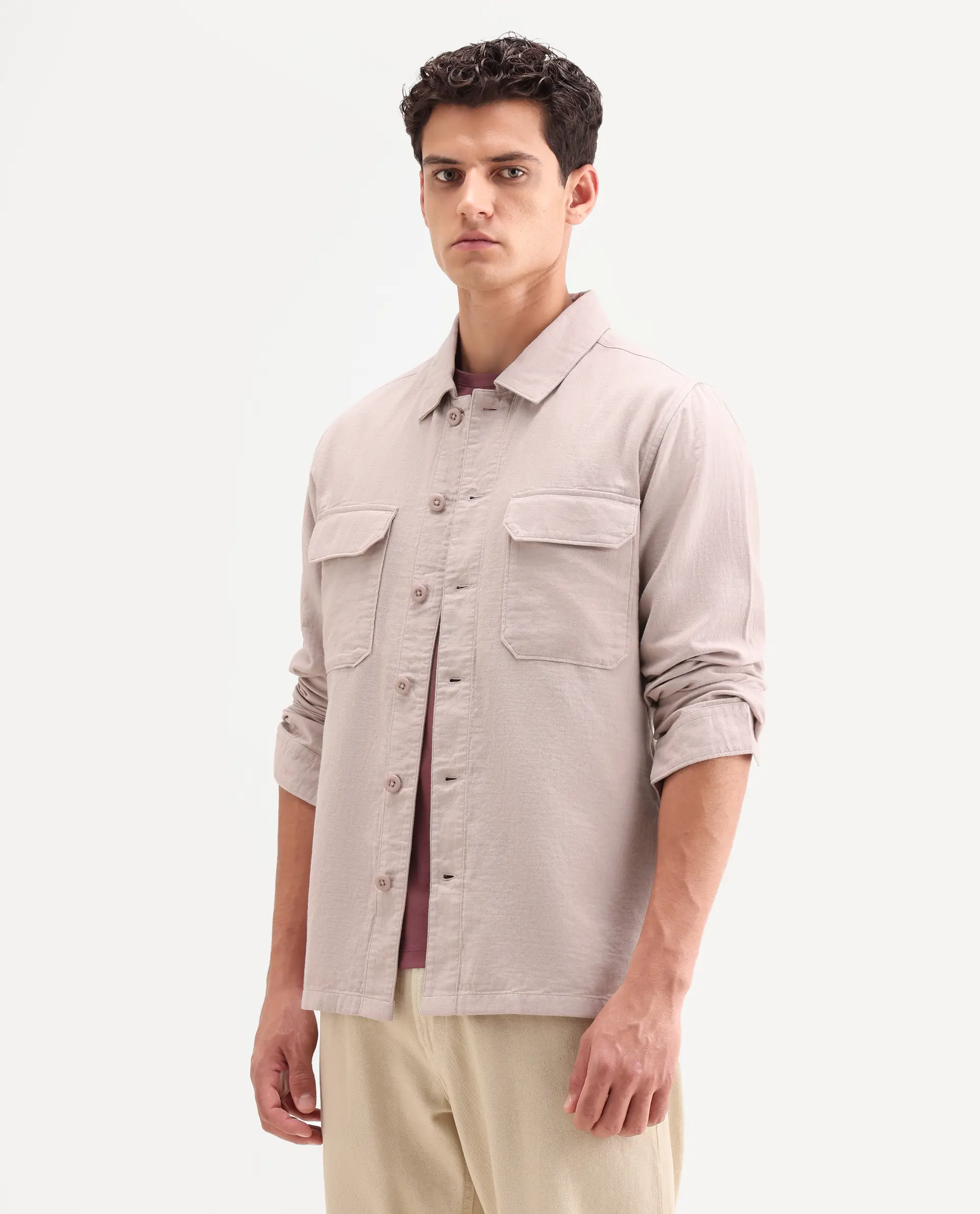 Rare Rabbit Men's Prest-Ss26 Pastel Pink Cotton Fabric Full Sleeve Spread Collar Button Regular Plain Shacket - Image 4