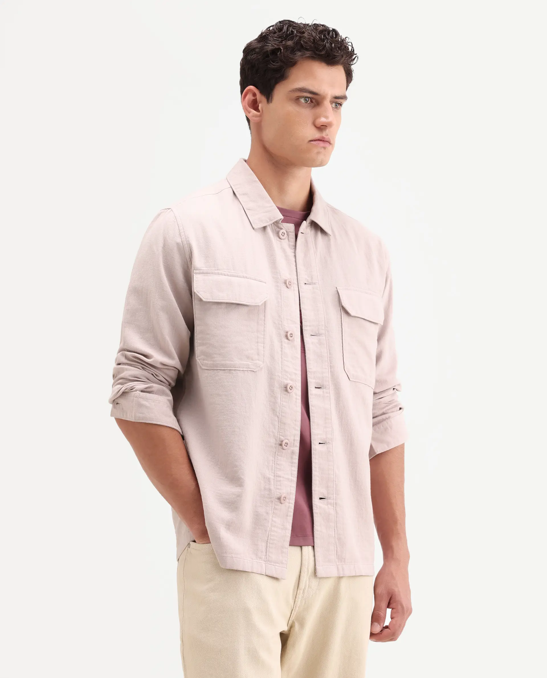 Rare Rabbit Men's Prest-Ss26 Pastel Pink Cotton Fabric Full Sleeve Spread Collar Button Regular Plain Shacket - Image 5