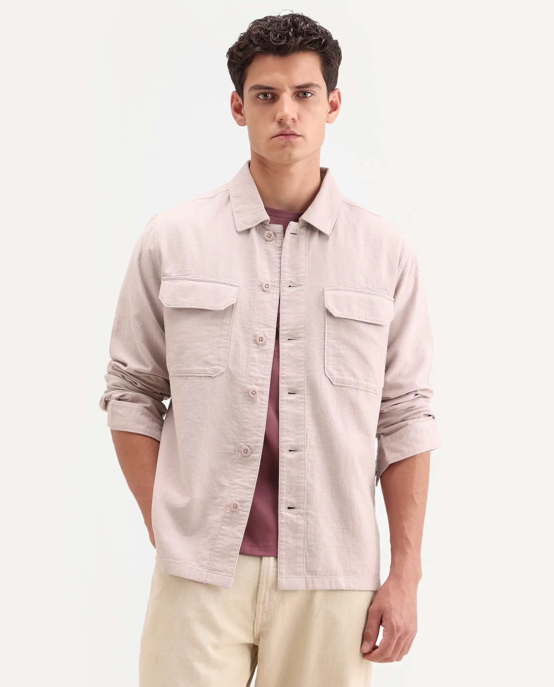 Rare Rabbit Men's Prest-Ss26 Pastel Pink Cotton Fabric Full Sleeve Spread Collar Button Regular Plain Shacket - Image 6