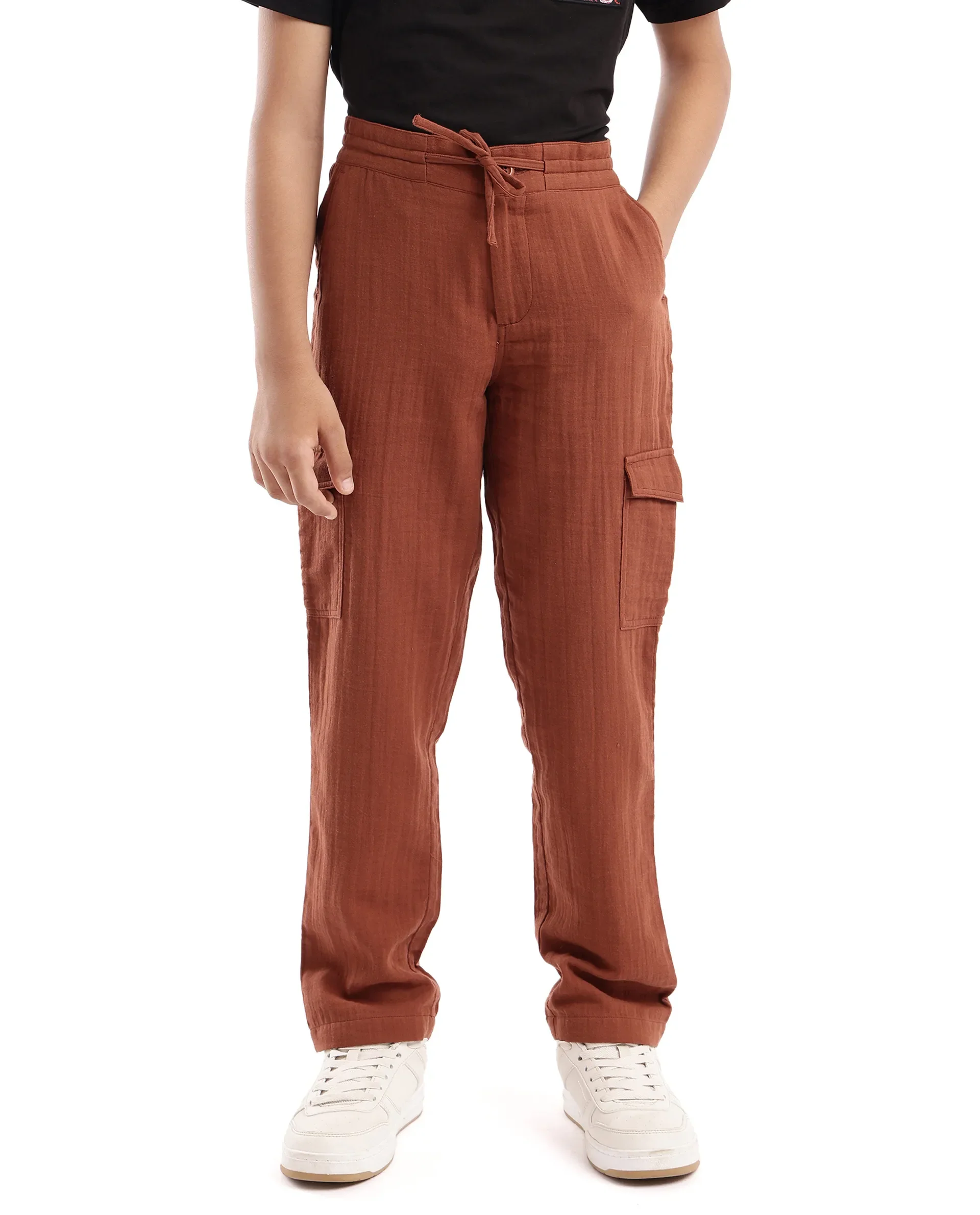 Rare Ones Kids Presti Brown Cotton Fabric Drawstring Closure Regular Fit Solid Trouser - Image 2