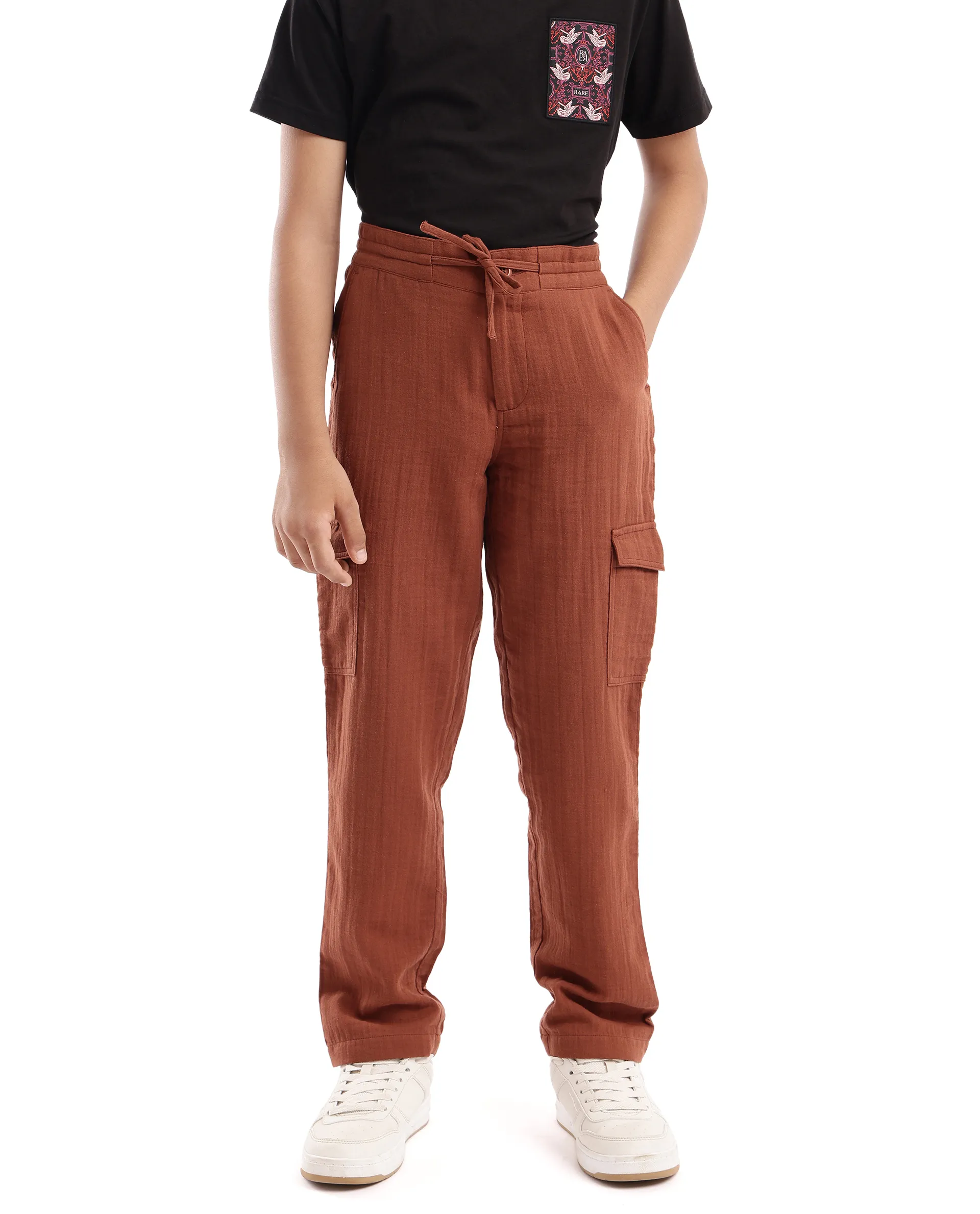 Rare Ones Kids Presti Brown Cotton Fabric Drawstring Closure Regular Fit Solid Trouser - Image 3