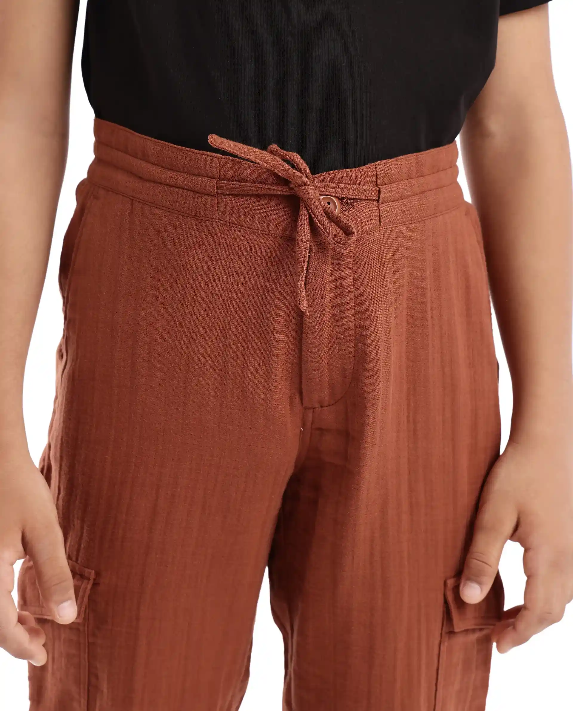 Rare Ones Kids Presti Brown Cotton Fabric Drawstring Closure Regular Fit Solid Trouser - Image 4