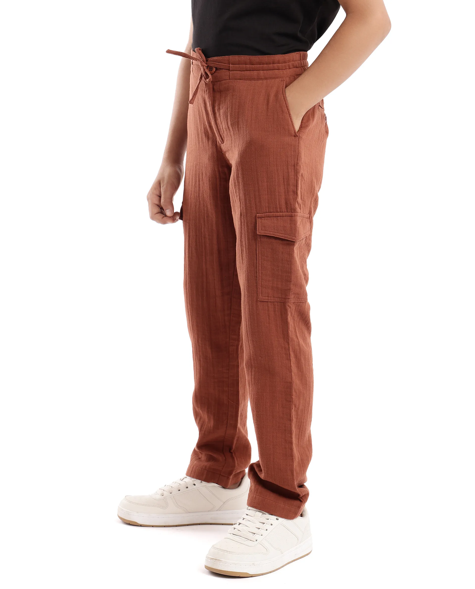 Rare Ones Kids Presti Brown Cotton Fabric Drawstring Closure Regular Fit Solid Trouser - Image 5
