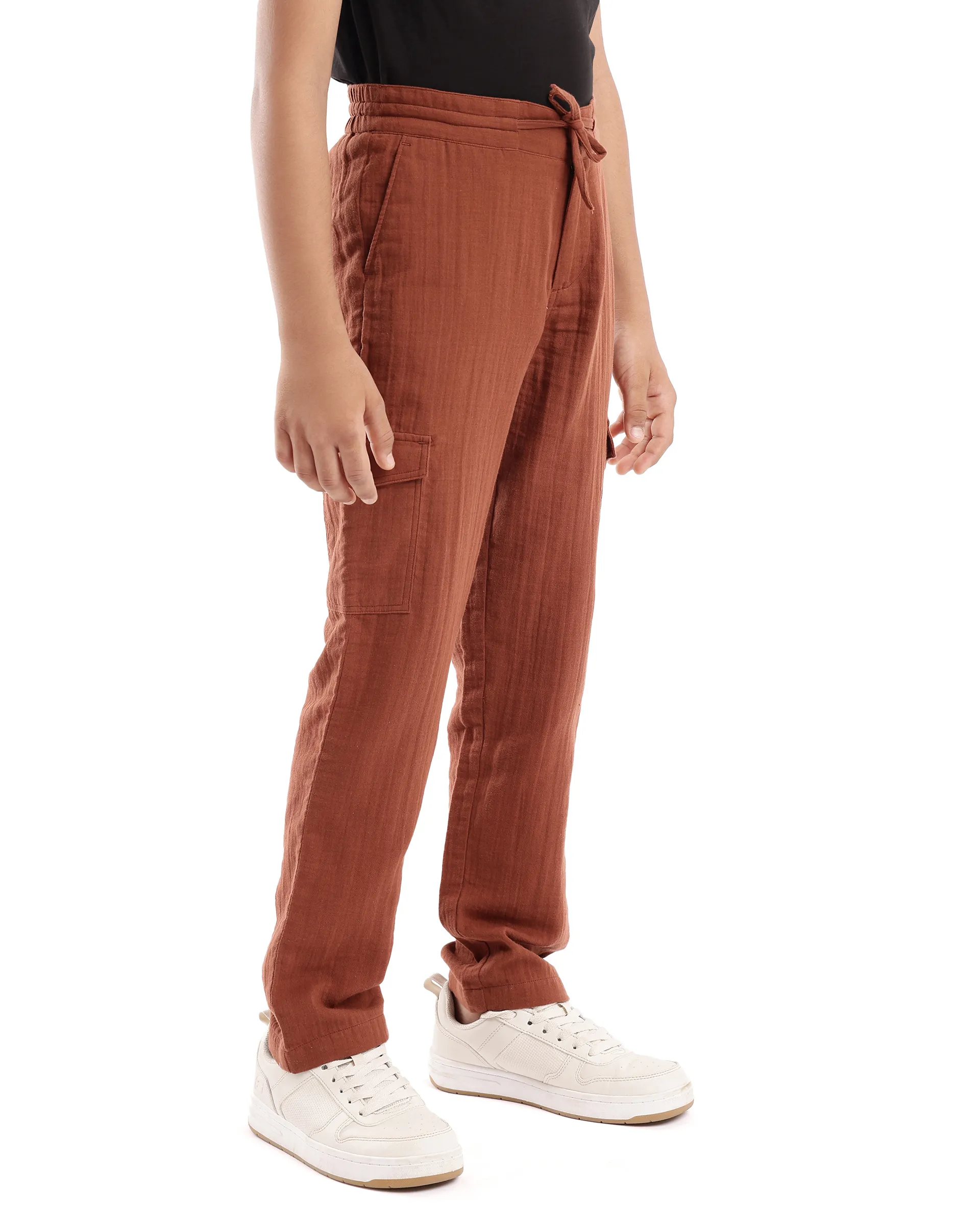 Rare Ones Kids Presti Brown Cotton Fabric Drawstring Closure Regular Fit Solid Trouser - Image 6