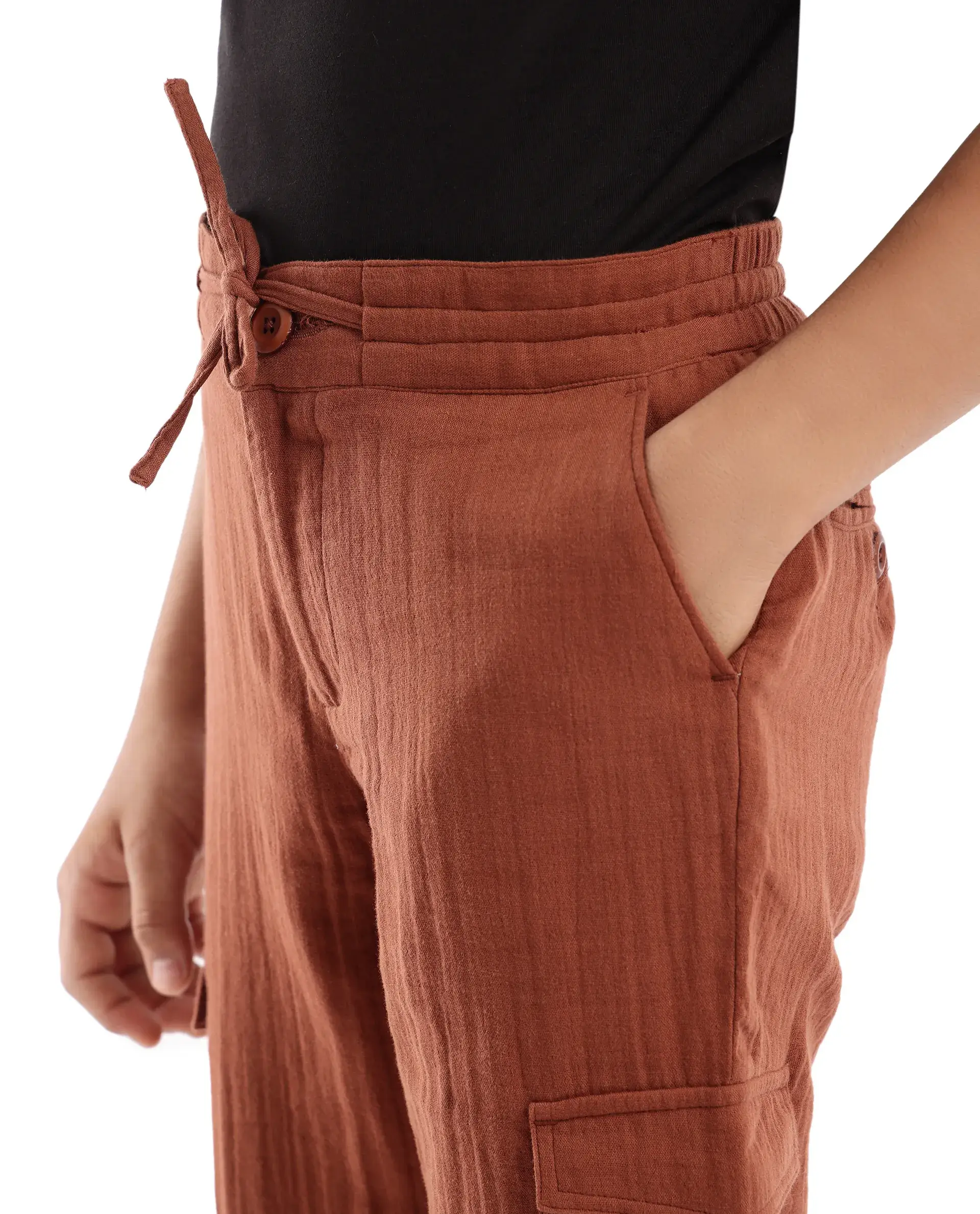 Rare Ones Kids Presti Brown Cotton Fabric Drawstring Closure Regular Fit Solid Trouser - Image 7