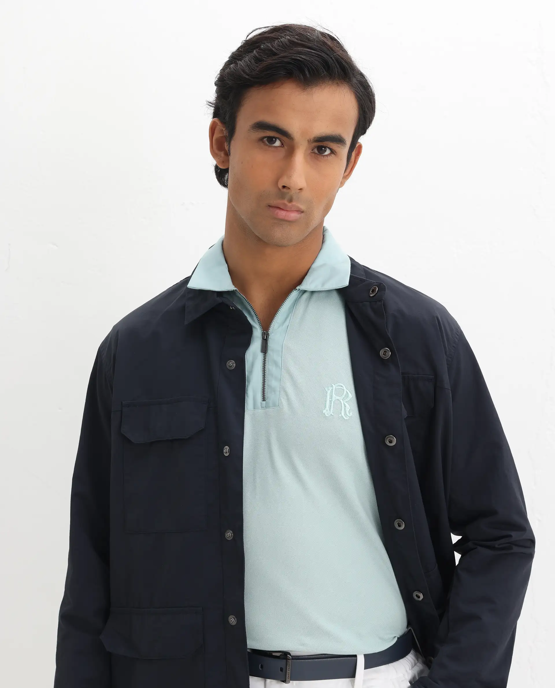 Rare Rabbit Men's Presto Light Blue Cotton Embroidered Regular Fit Half Sleeve Polo