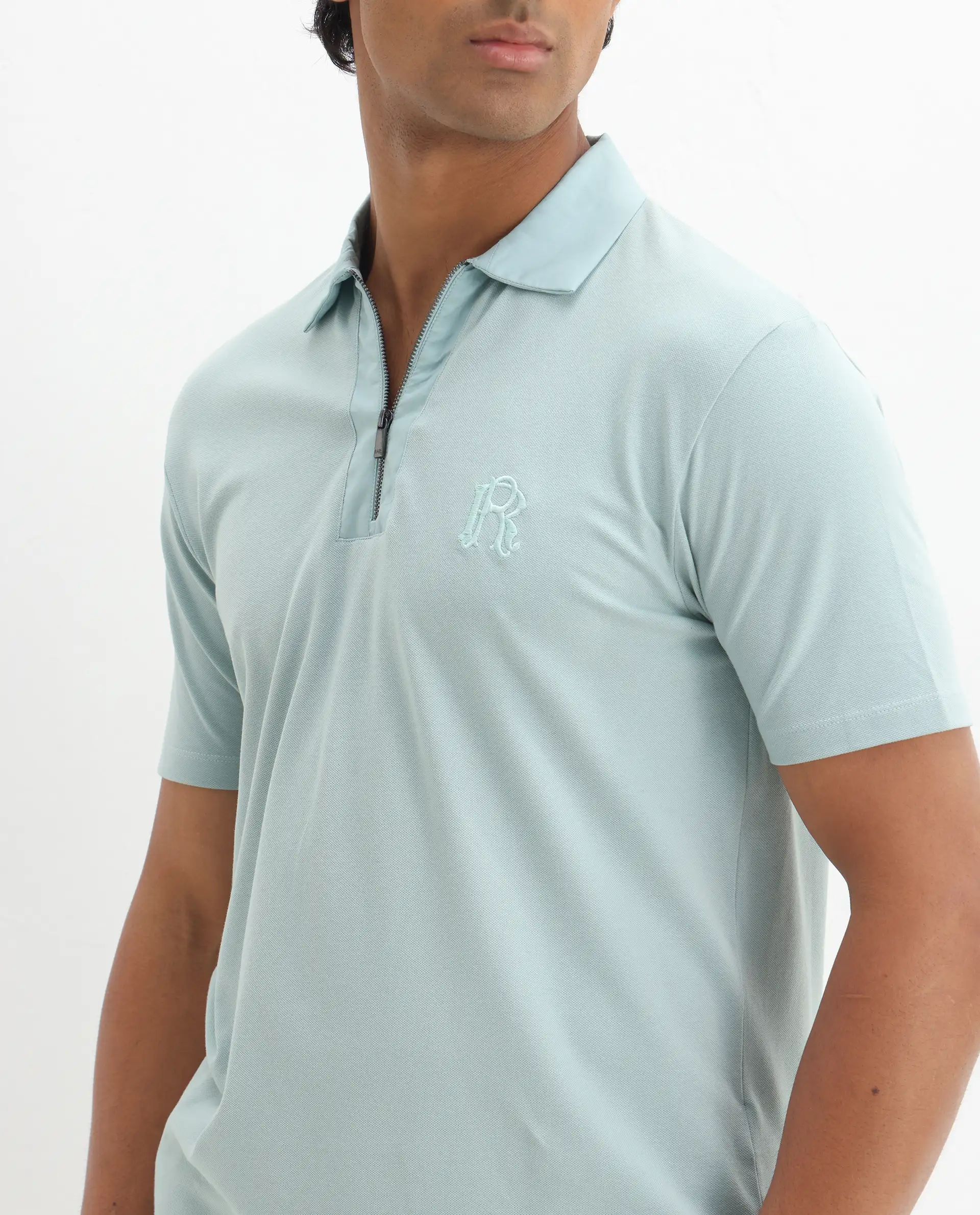 Rare Rabbit Men's Presto Light Blue Cotton Embroidered Regular Fit Half Sleeve Polo - Image 3