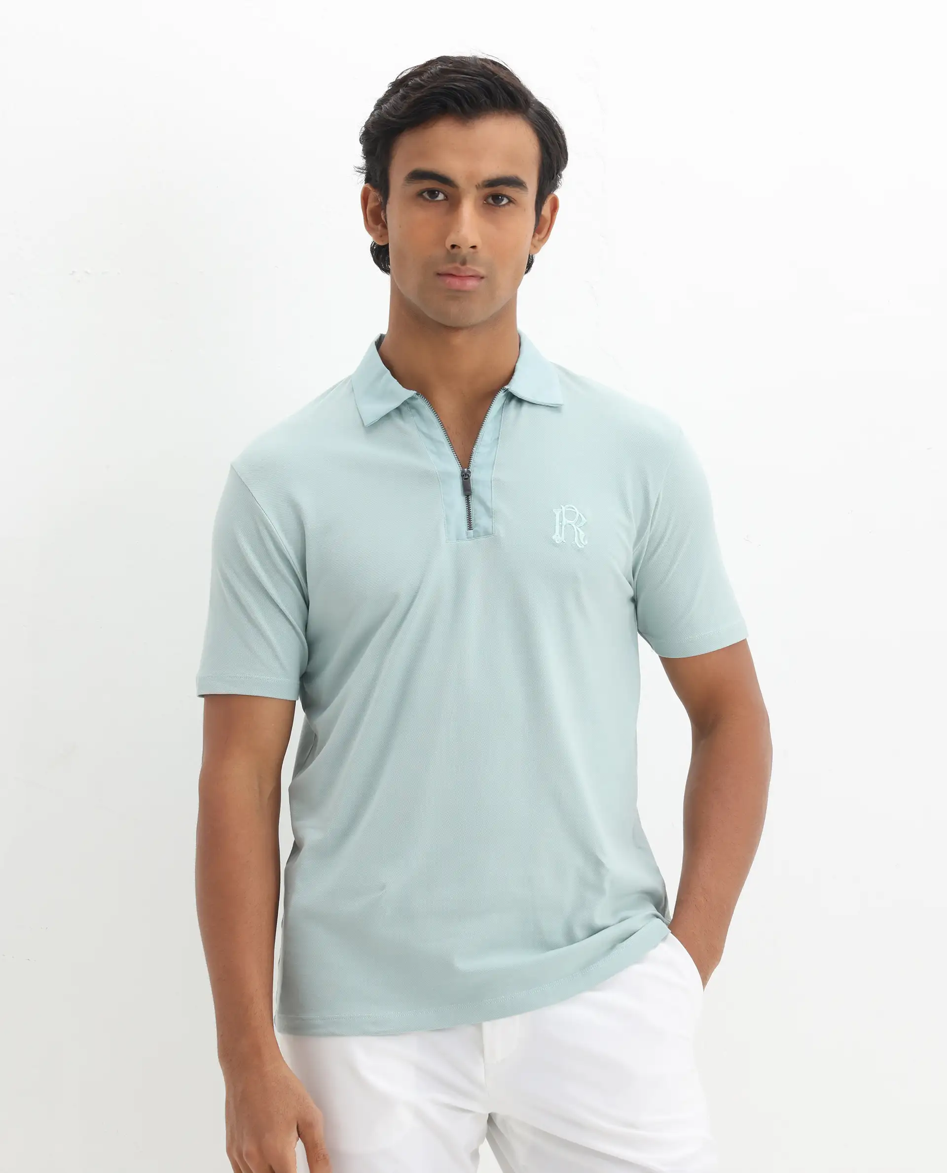 Rare Rabbit Men's Presto Light Blue Cotton Embroidered Regular Fit Half Sleeve Polo - Image 4