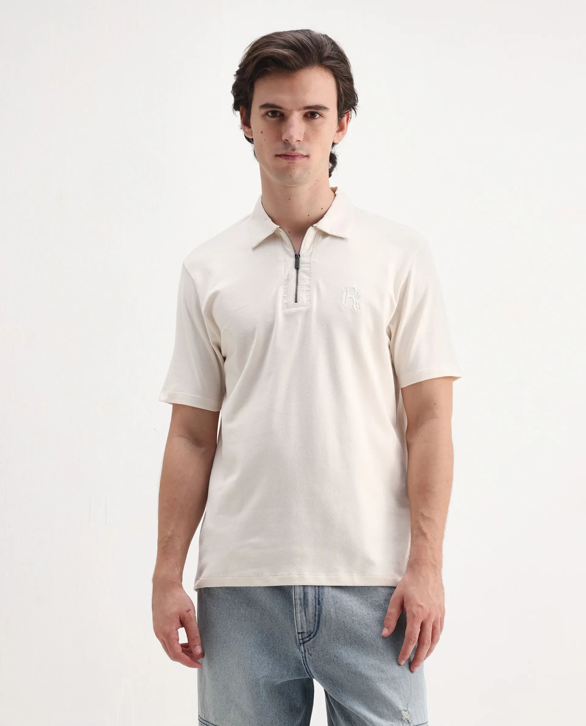 Rare Rabbit Men's Presto Off White Cotton Plain Regular Fit Half Sleeve Polo - Image 4