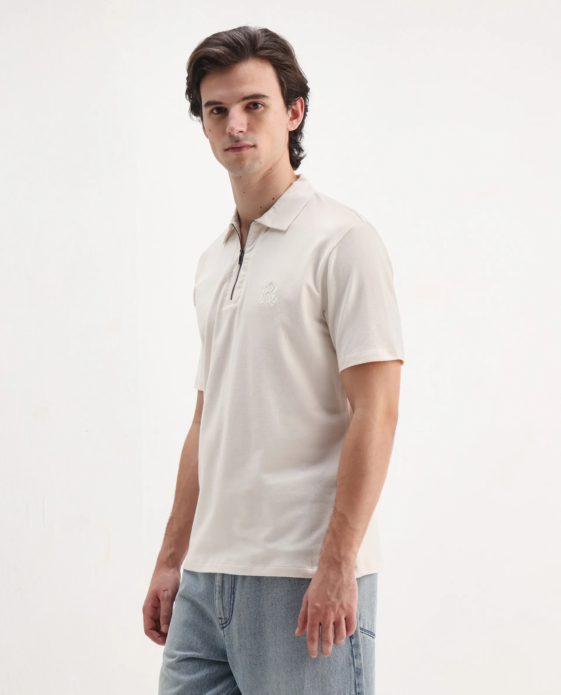 Rare Rabbit Men's Presto Off White Cotton Plain Regular Fit Half Sleeve Polo - Image 5