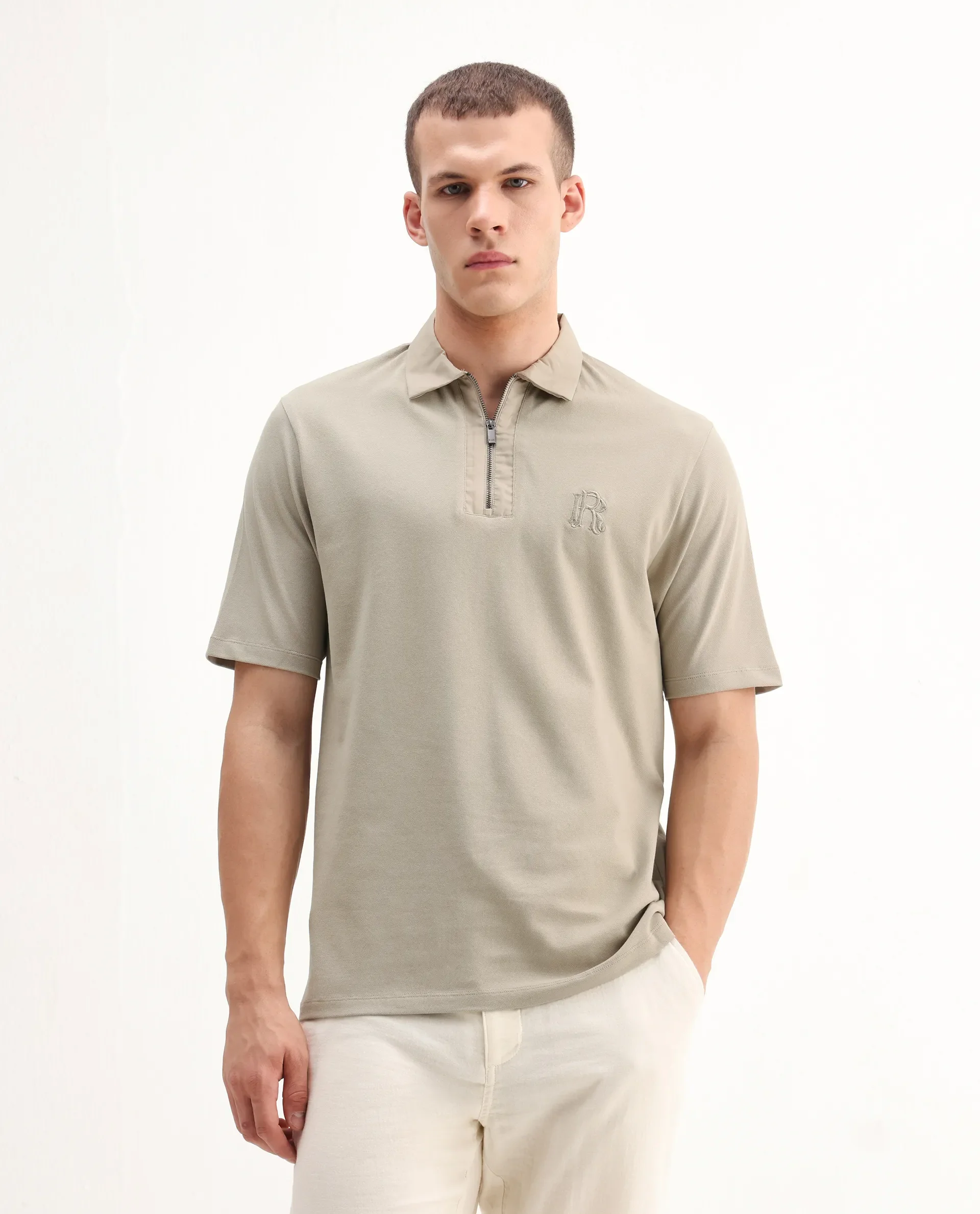 Rare Rabbit Men's Presto Pastel Green Cotton Embroidered Regular Fit Half Sleeve Polo - Image 4