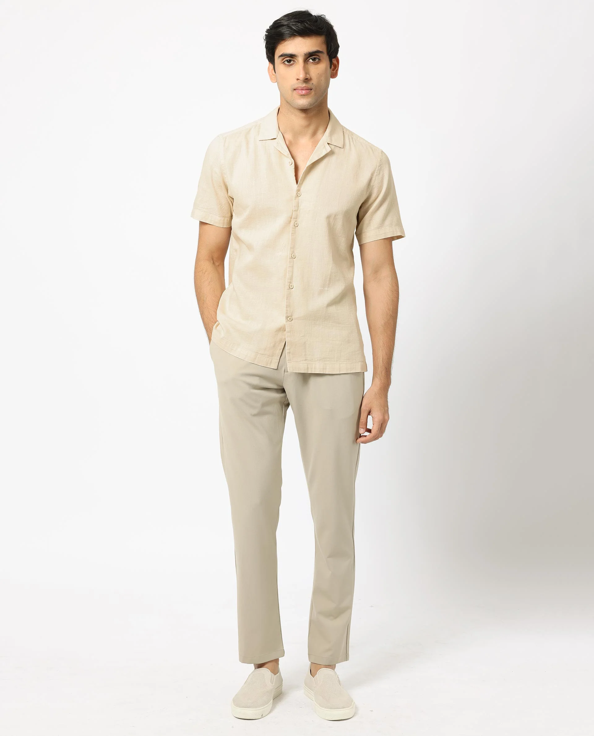 Rare Rabbit Men's Presto Beige Cotton Plain Regular Fit Half Sleeve Cuban Collar Shirt - Image 2