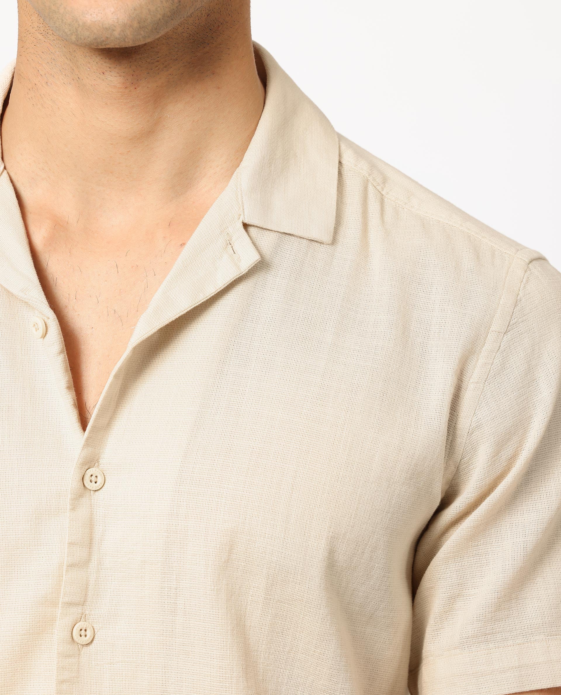 Rare Rabbit Men's Presto Beige Cotton Plain Regular Fit Half Sleeve Cuban Collar Shirt - Image 4
