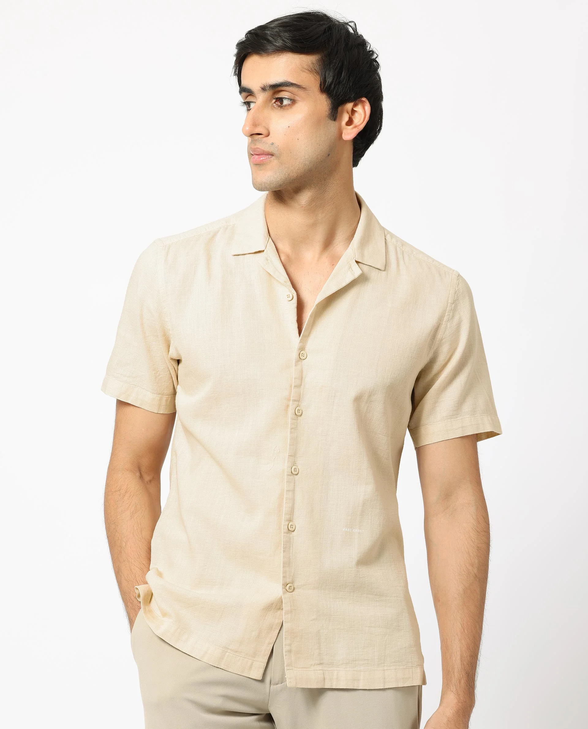 Rare Rabbit Men's Presto Beige Cotton Plain Regular Fit Half Sleeve Cuban Collar Shirt - Image 5