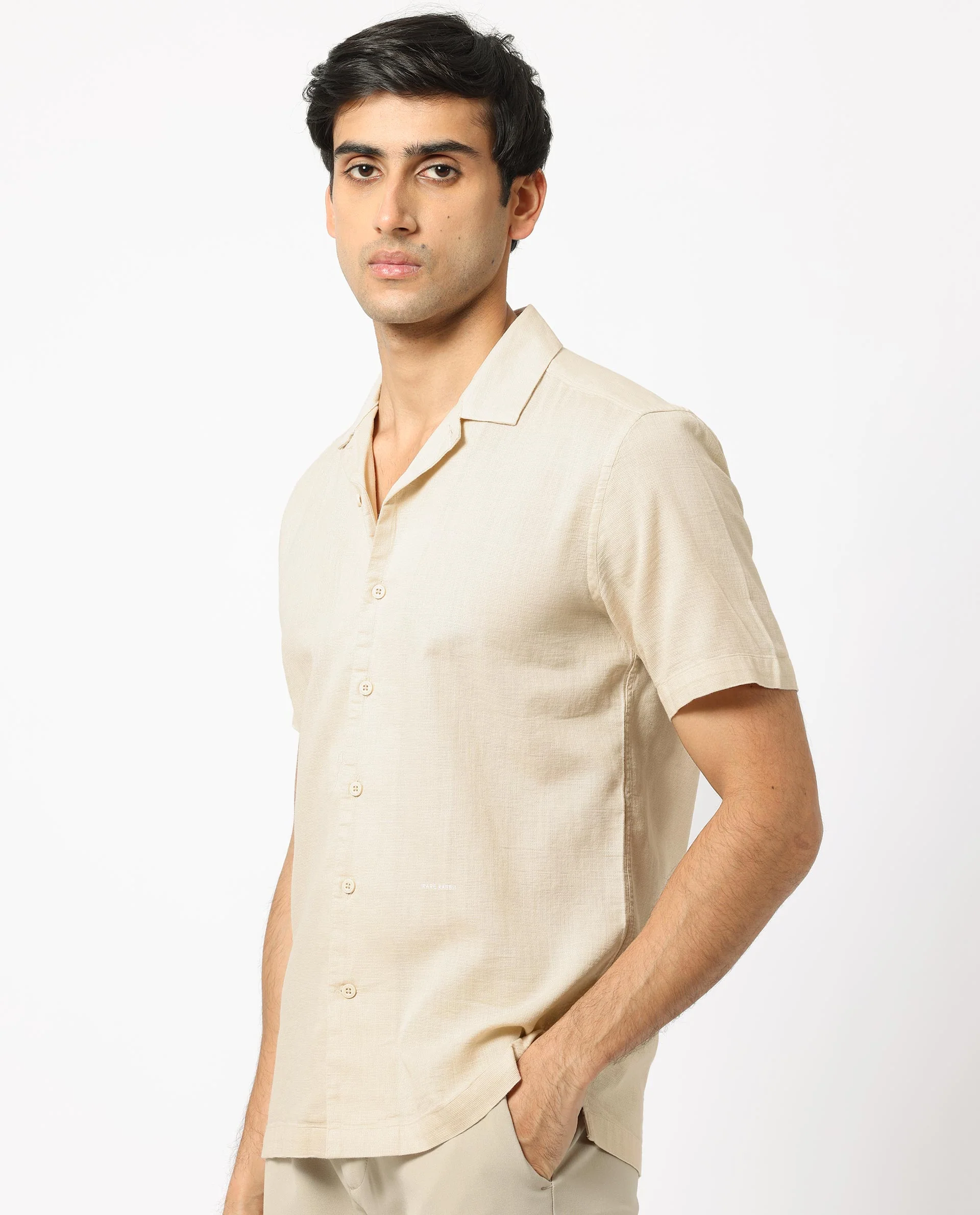 Rare Rabbit Men's Presto Beige Cotton Plain Regular Fit Half Sleeve Cuban Collar Shirt - Image 6