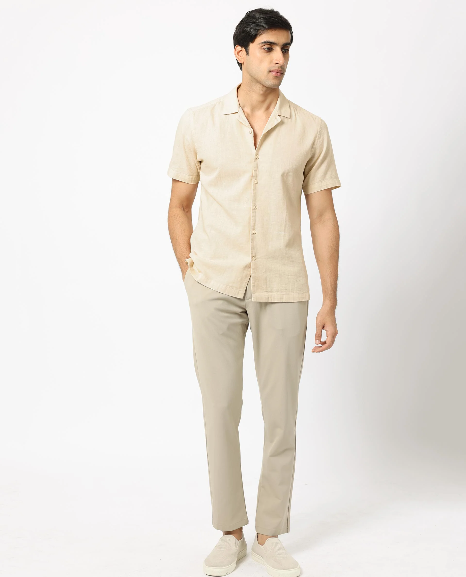 Rare Rabbit Men's Presto Beige Cotton Plain Regular Fit Half Sleeve Cuban Collar Shirt - Image 7