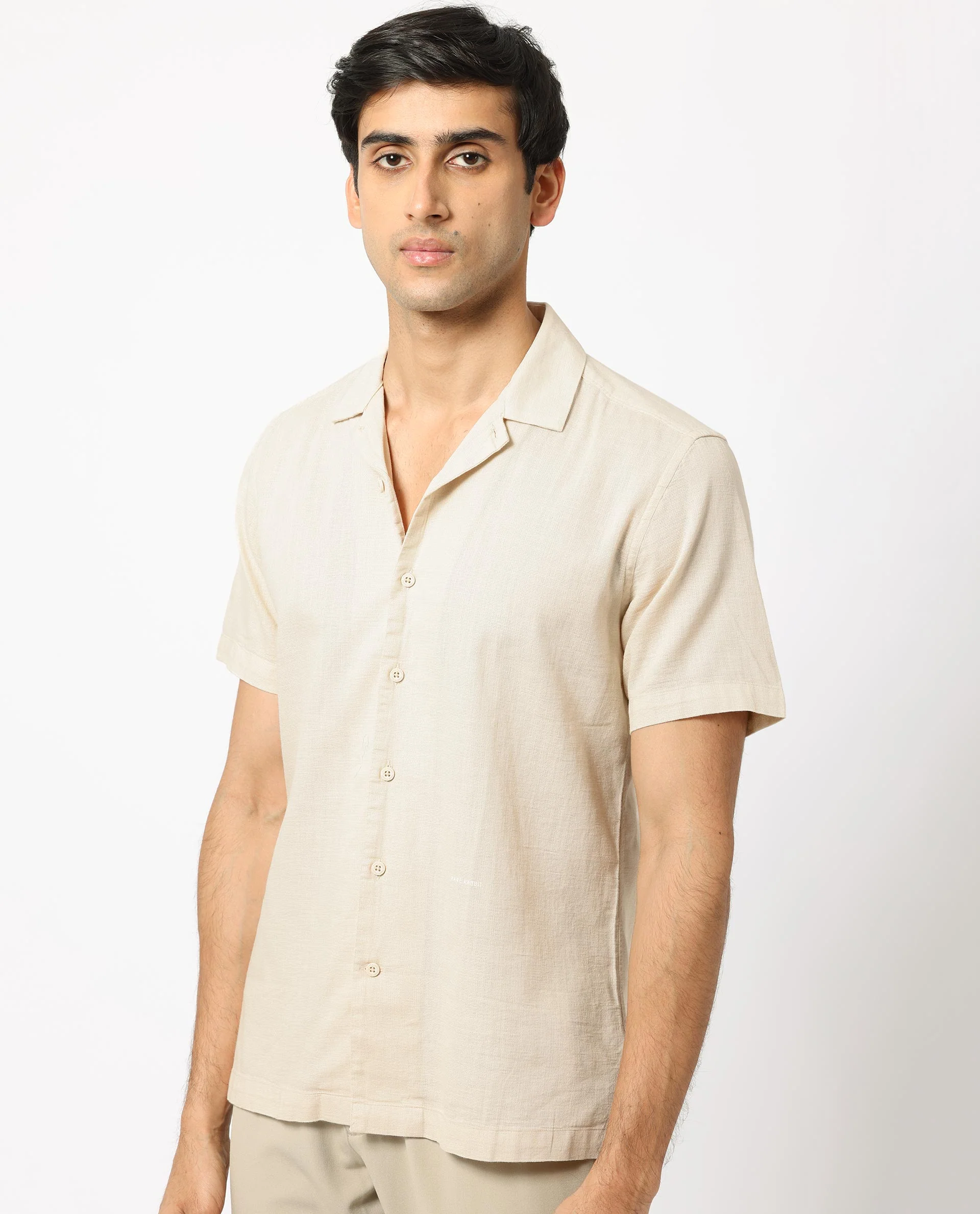 Rare Rabbit Men's Presto Beige Cotton Plain Regular Fit Half Sleeve Cuban Collar Shirt - Image 8