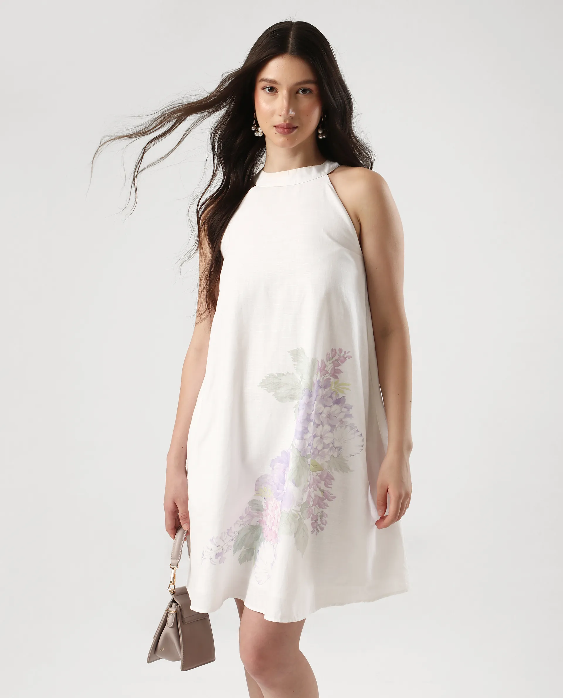 Rareism Women's Pret White Cotton Halter Neck Floral Print Sleeveless Mini Flared Dress