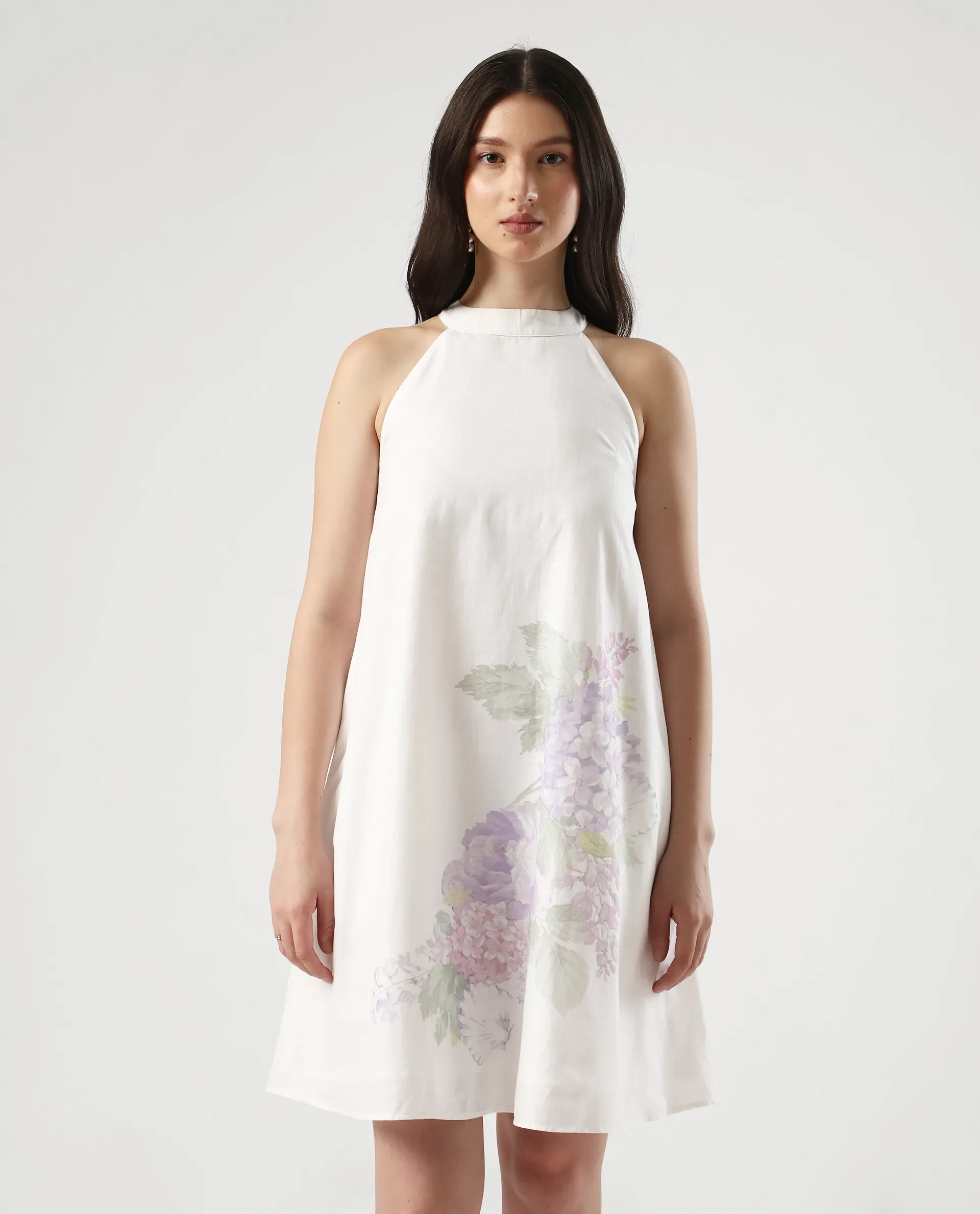 Rareism Women's Pret White Cotton Halter Neck Floral Print Sleeveless Mini Flared Dress - Image 2