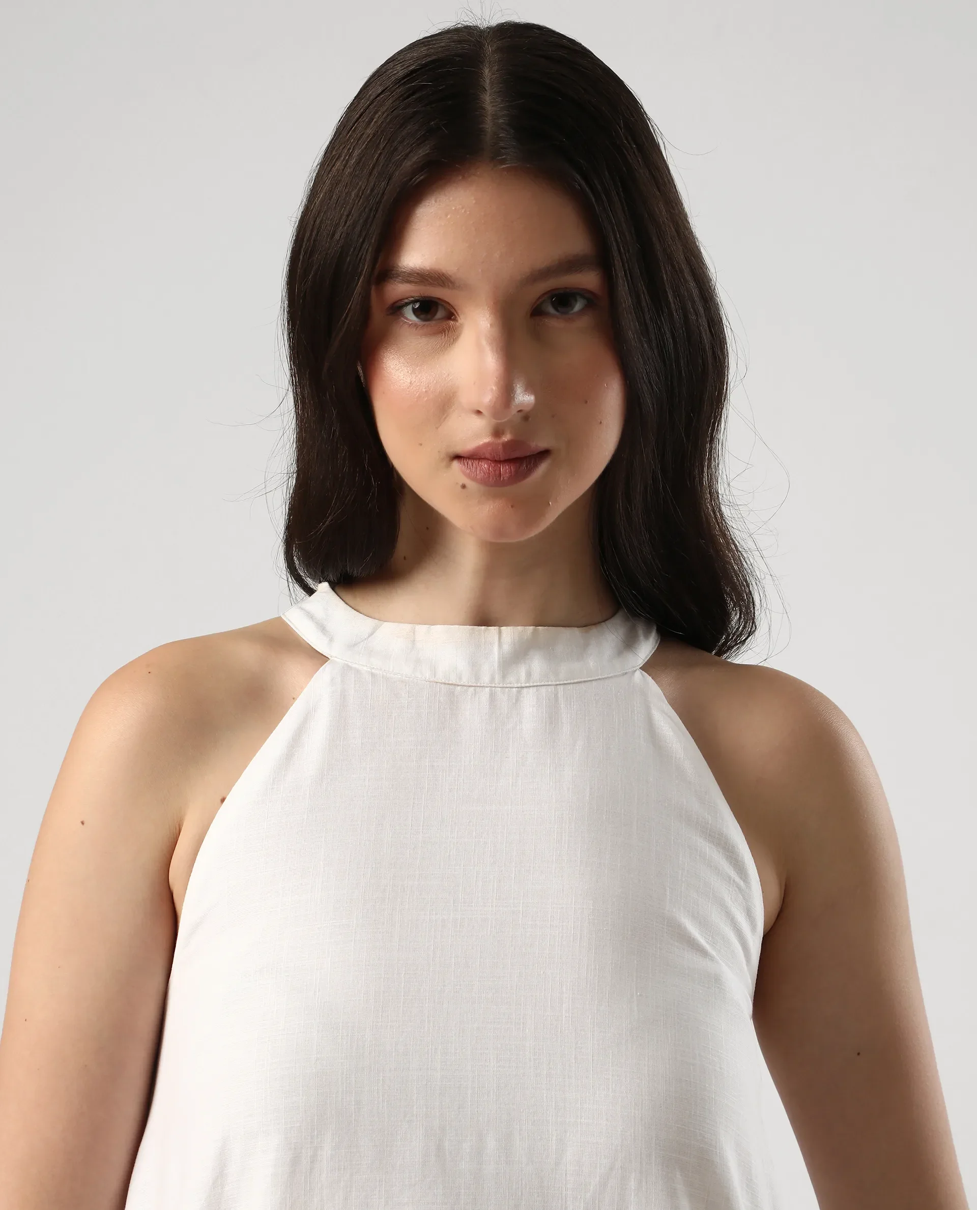 Rareism Women's Pret White Cotton Halter Neck Floral Print Sleeveless Mini Flared Dress - Image 3
