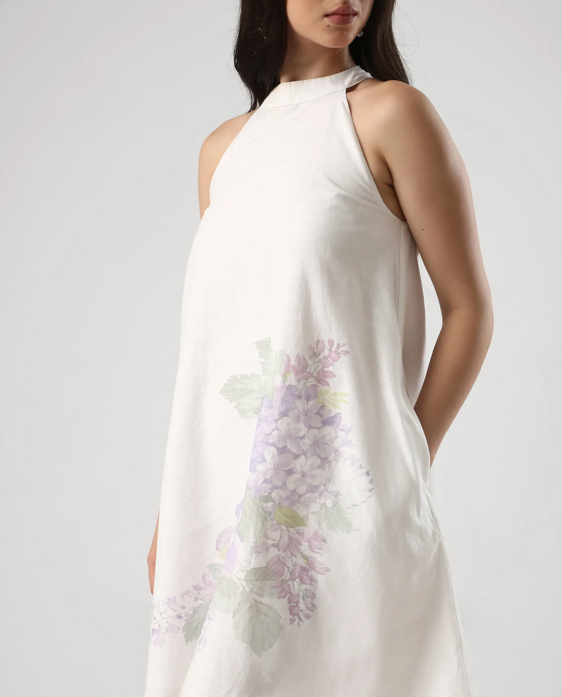 Rareism Women's Pret White Cotton Halter Neck Floral Print Sleeveless Mini Flared Dress - Image 4