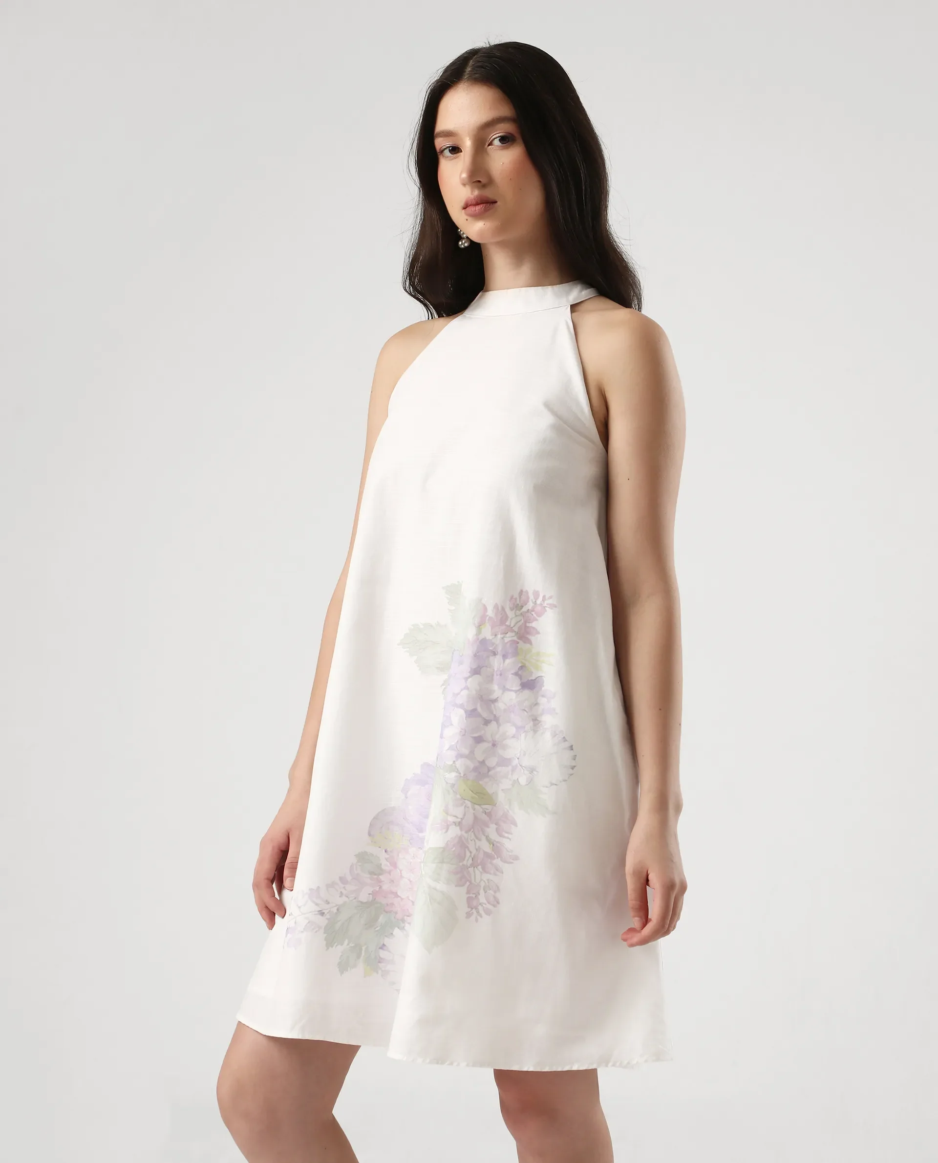 Rareism Women's Pret White Cotton Halter Neck Floral Print Sleeveless Mini Flared Dress - Image 5
