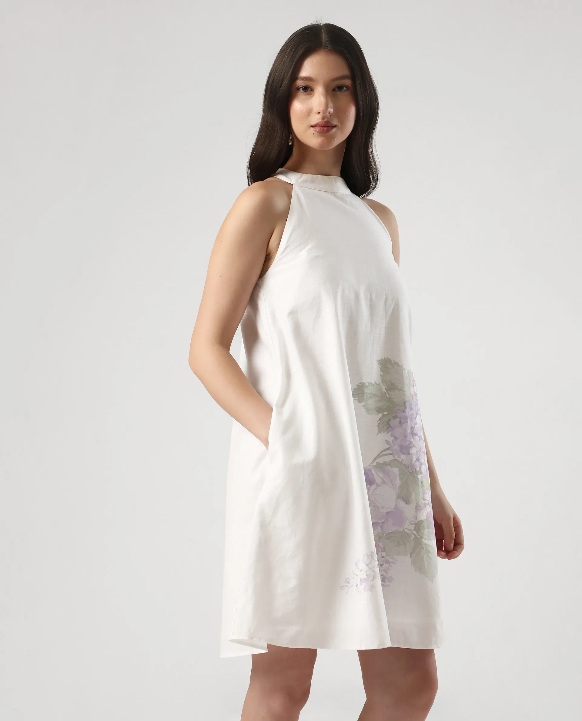 Rareism Women's Pret White Cotton Halter Neck Floral Print Sleeveless Mini Flared Dress - Image 6