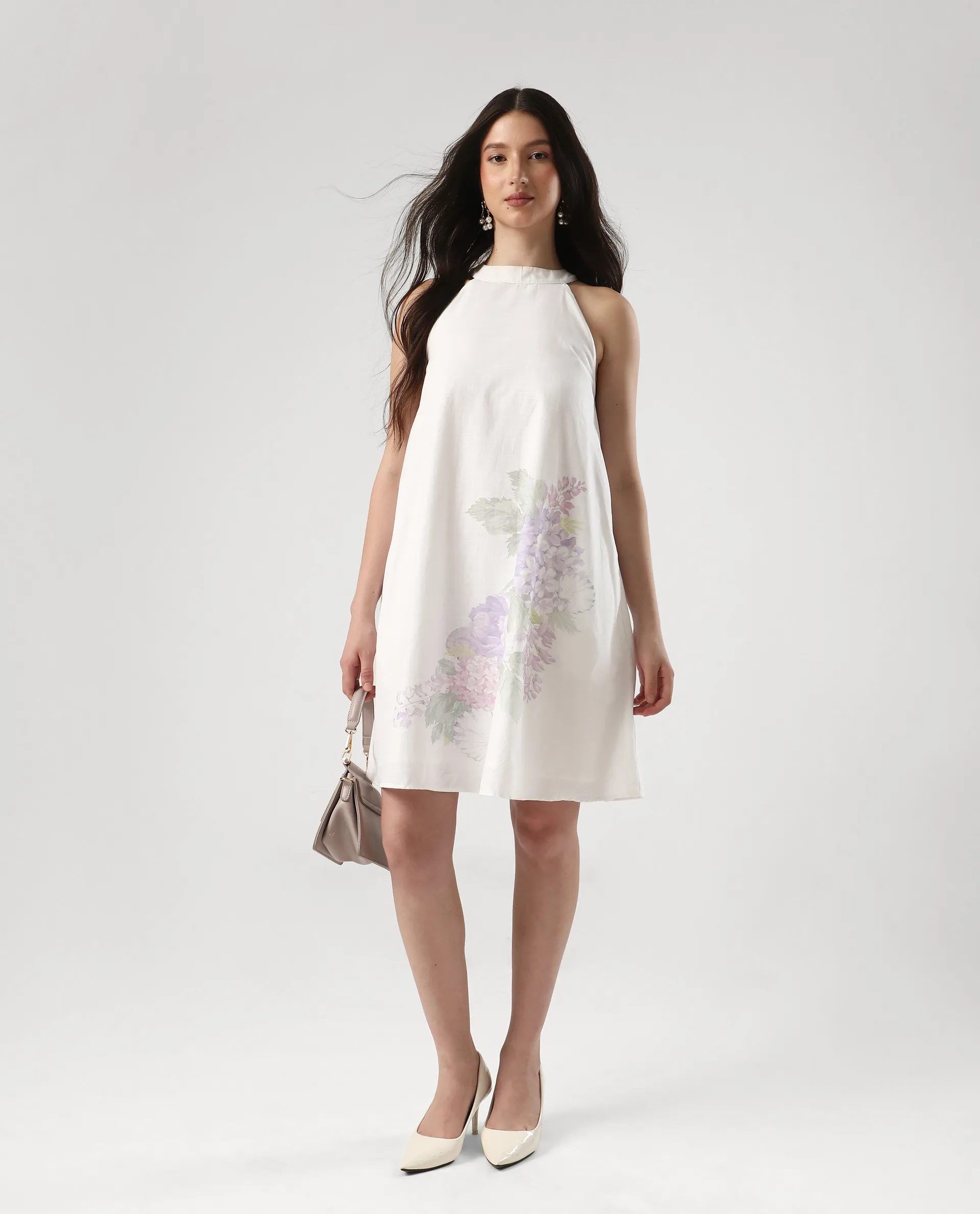 Rareism Women's Pret White Cotton Halter Neck Floral Print Sleeveless Mini Flared Dress - Image 7