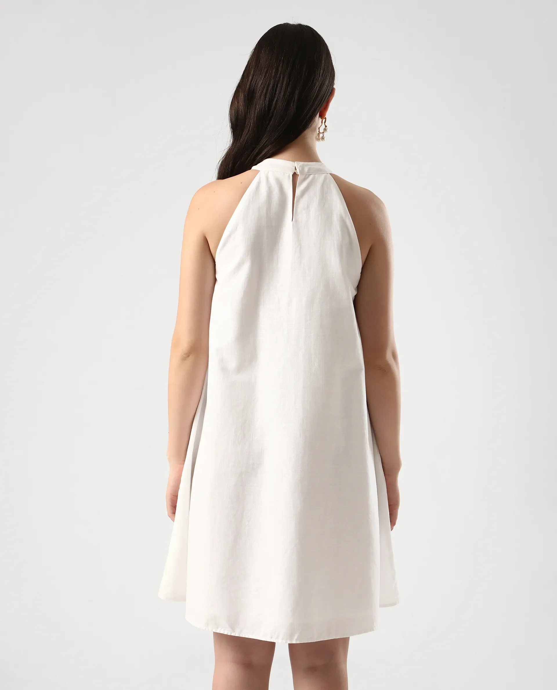 Rareism Women's Pret White Cotton Halter Neck Floral Print Sleeveless Mini Flared Dress - Image 8