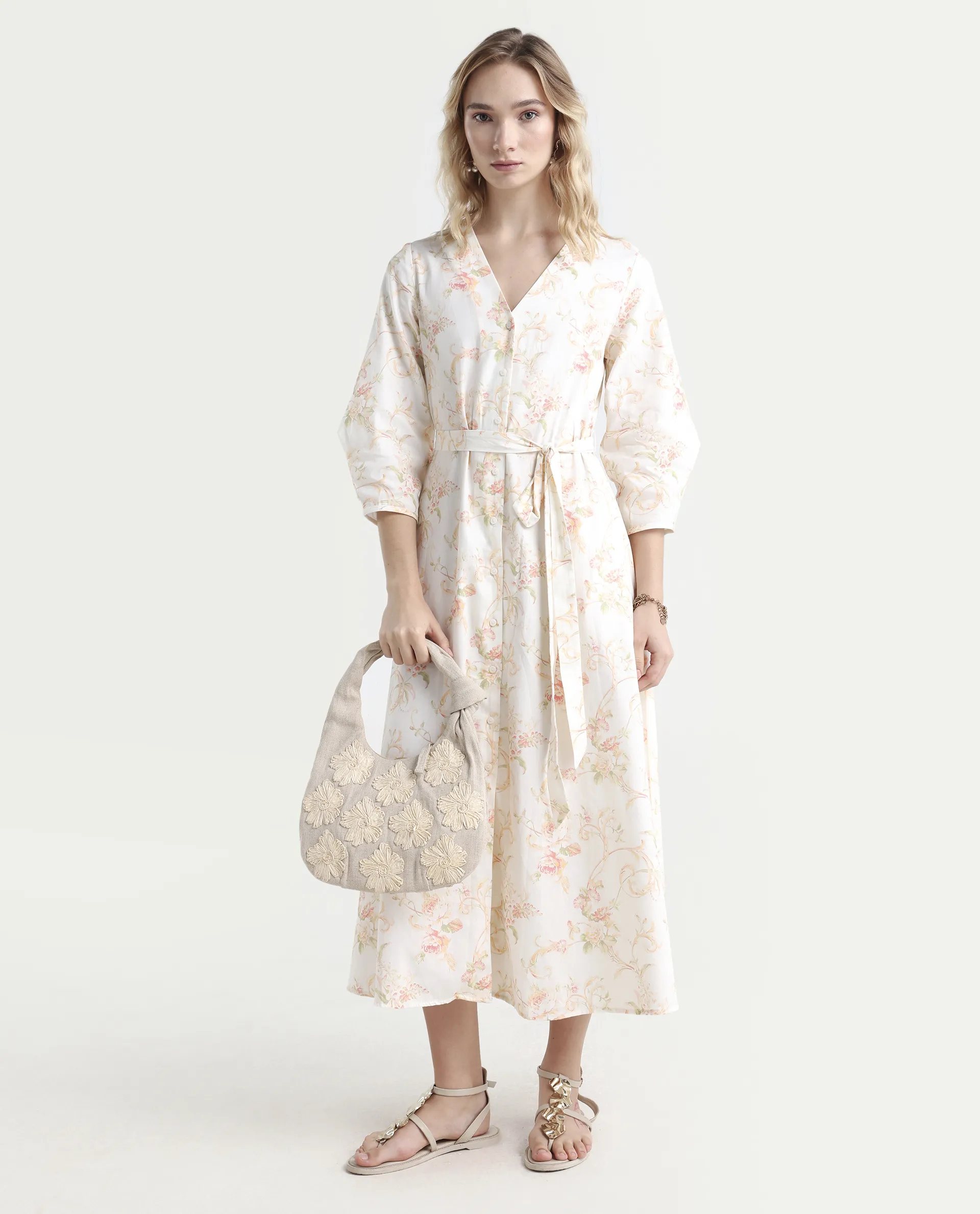 Rareism Women's Preu White Cotton V-Neck Floral Print Balloon Sleeve Midi Straight Fit Dress - Image 2